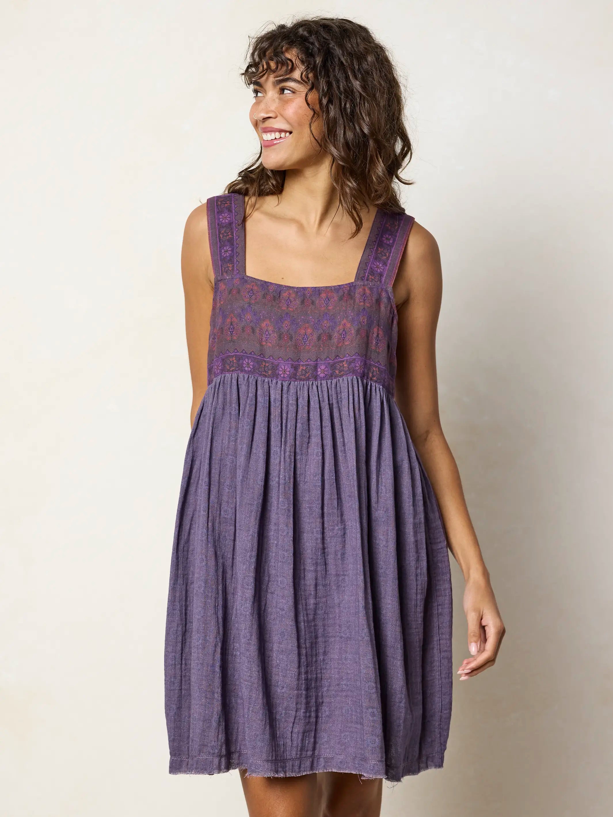 Tricia Reversible Cotton Mini Dress - Medallion Eggplant Sunburst