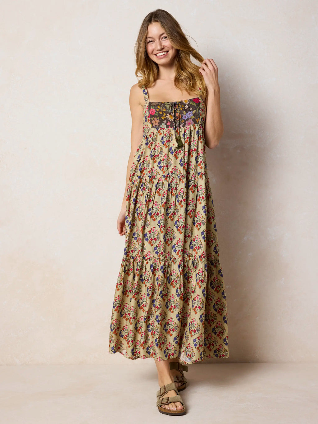 Cami Tie-Front Maxi Dress - Ditsy Diamonds Cream