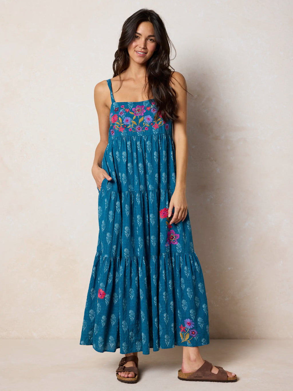 Patricia Embroidered Maxi Dress - Block Stamp Indigo
