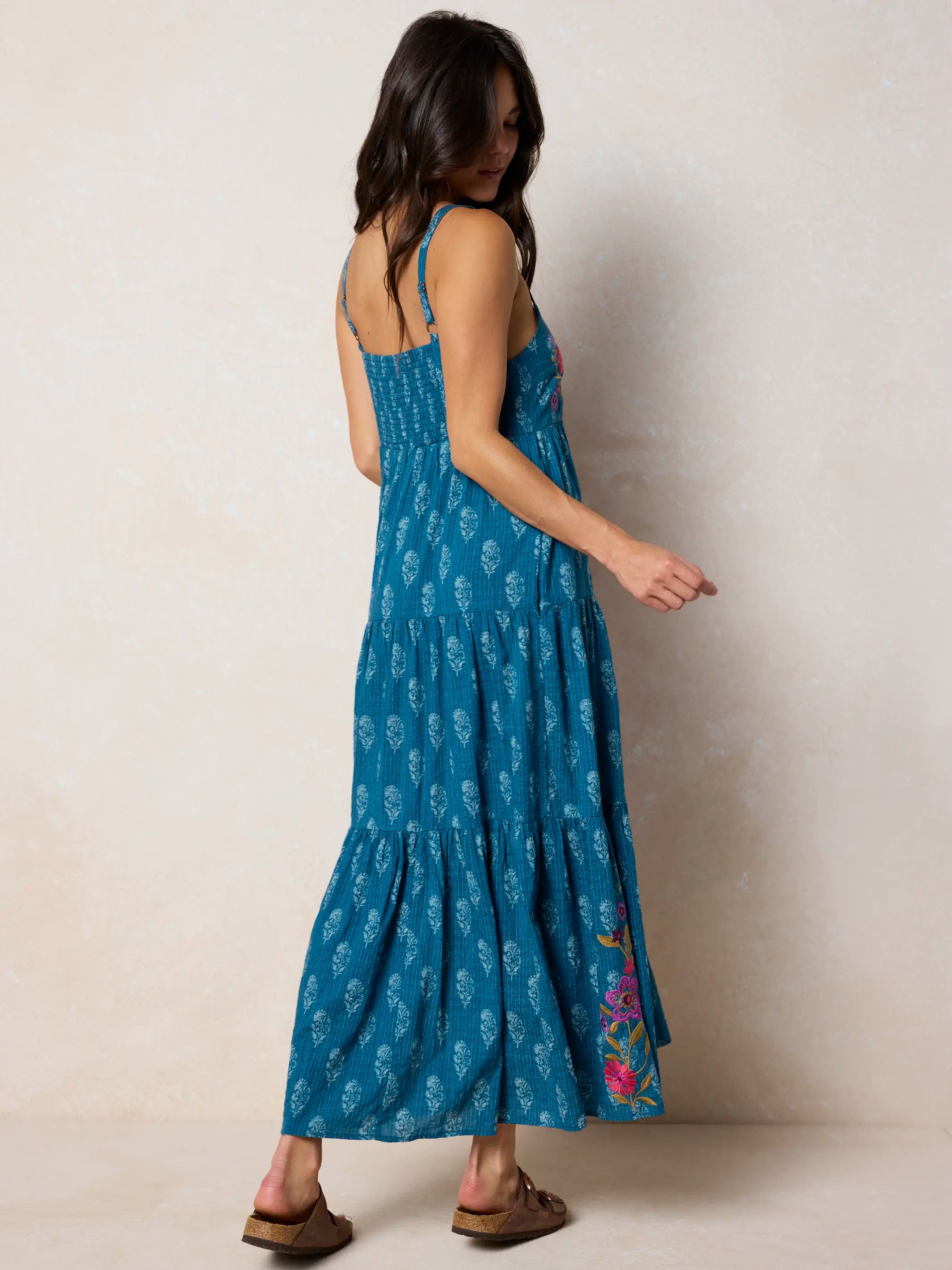 Patricia Embroidered Maxi Dress - Block Stamp Indigo