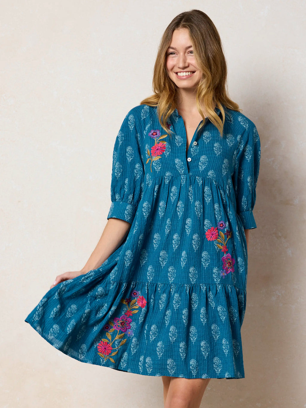 Becca Embroidered Mini Dress - Block Stamp Indigo