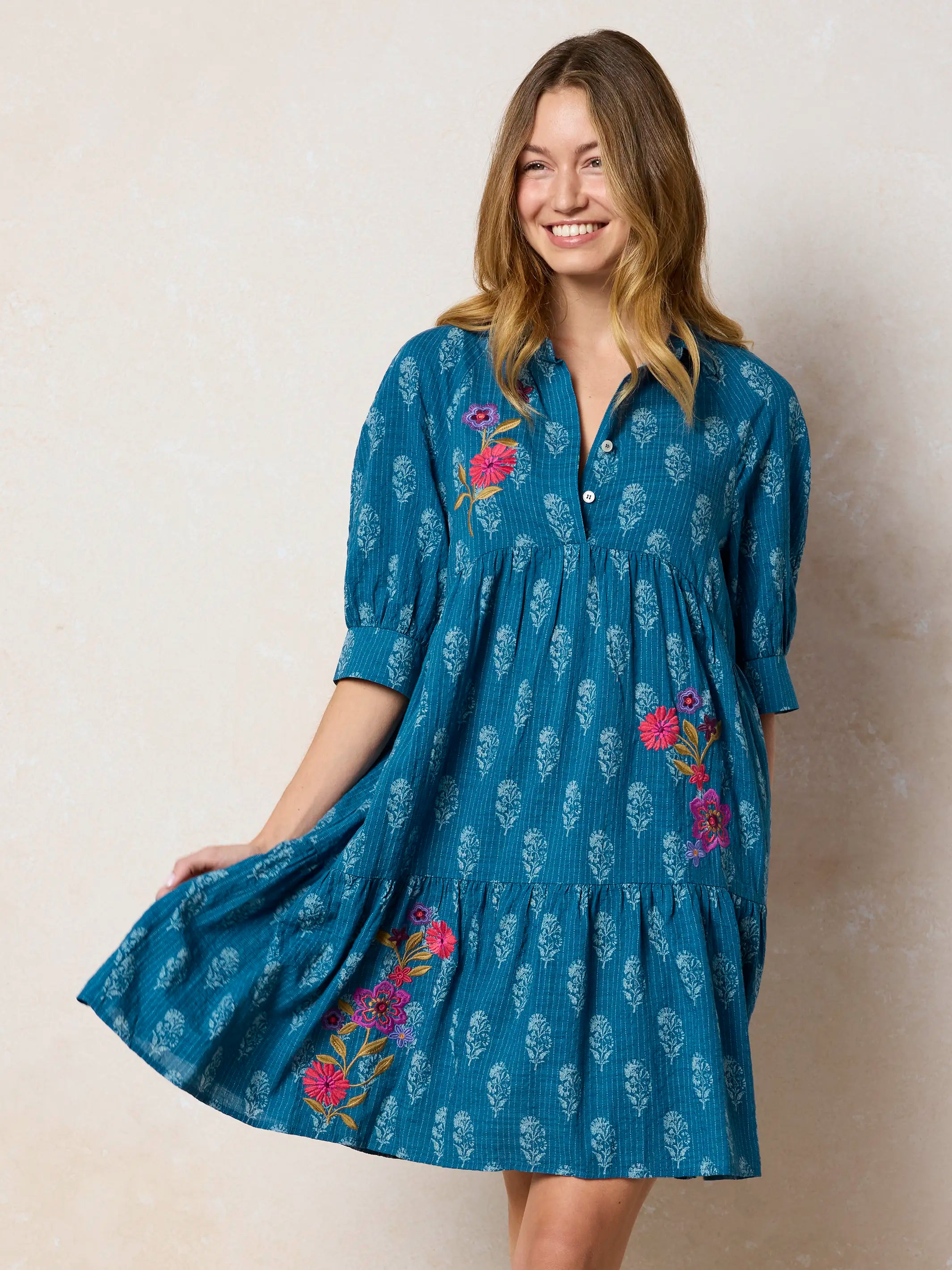 Becca Embroidered Mini Dress - Block Stamp Indigo