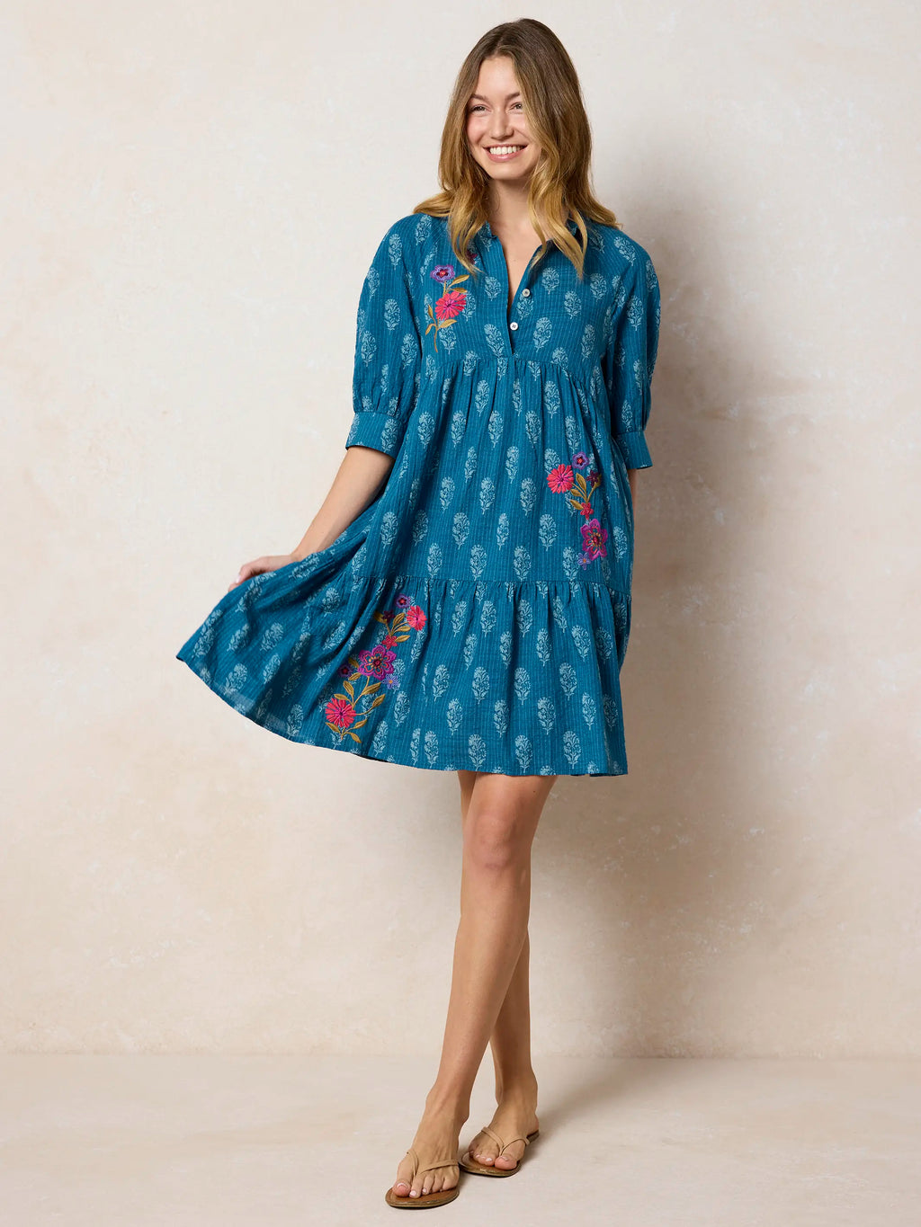 Becca Embroidered Mini Dress - Block Stamp Indigo