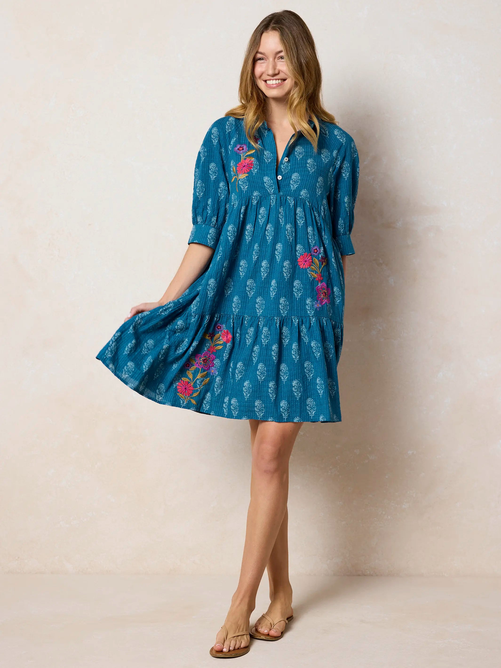 Becca Embroidered Mini Dress - Block Stamp Indigo