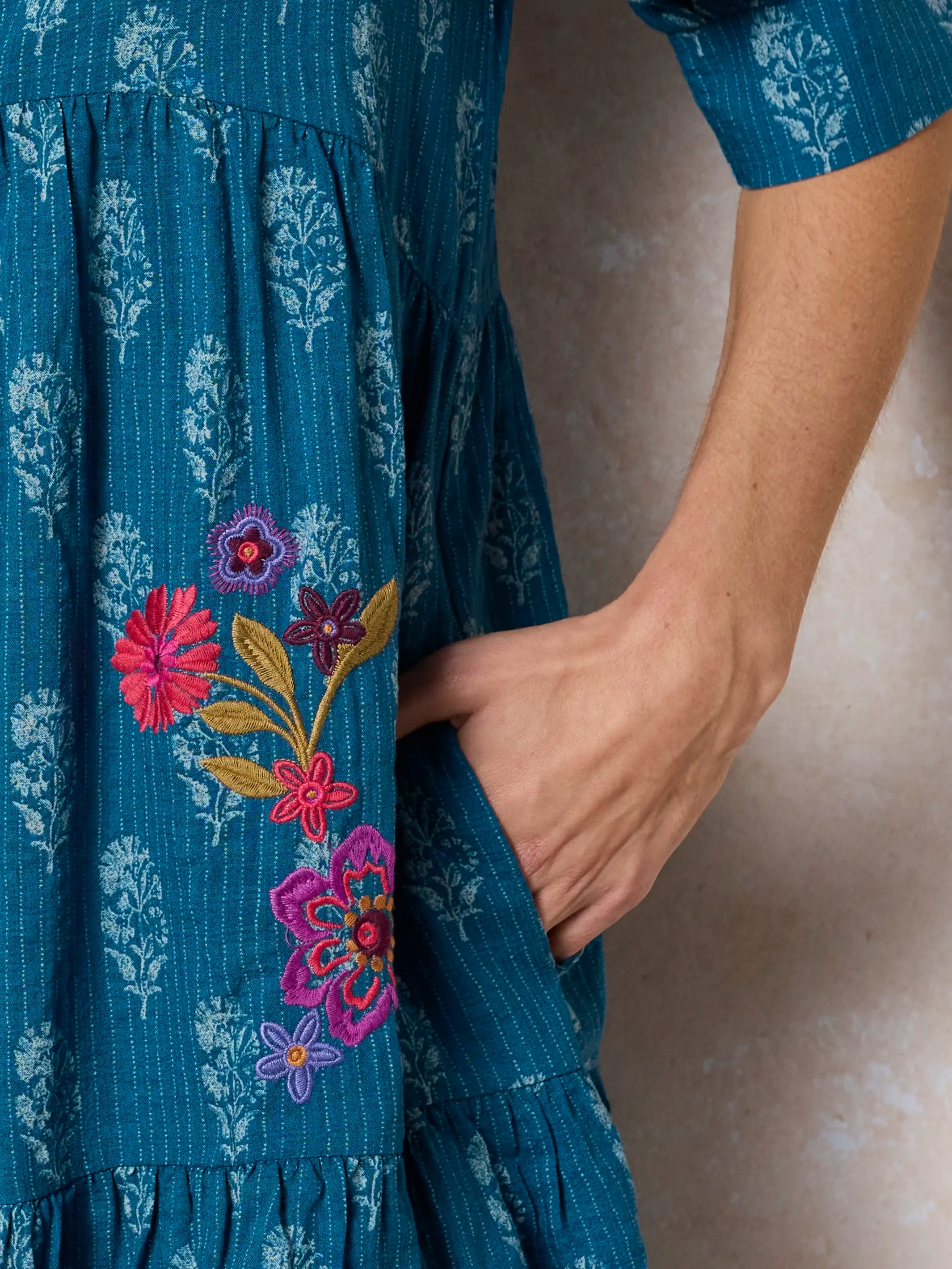 Becca Embroidered Mini Dress - Block Stamp Indigo