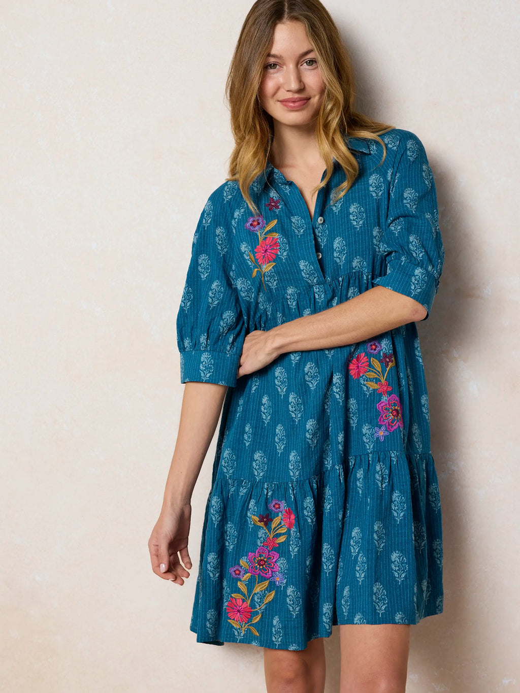 Becca Embroidered Mini Dress - Block Stamp Indigo