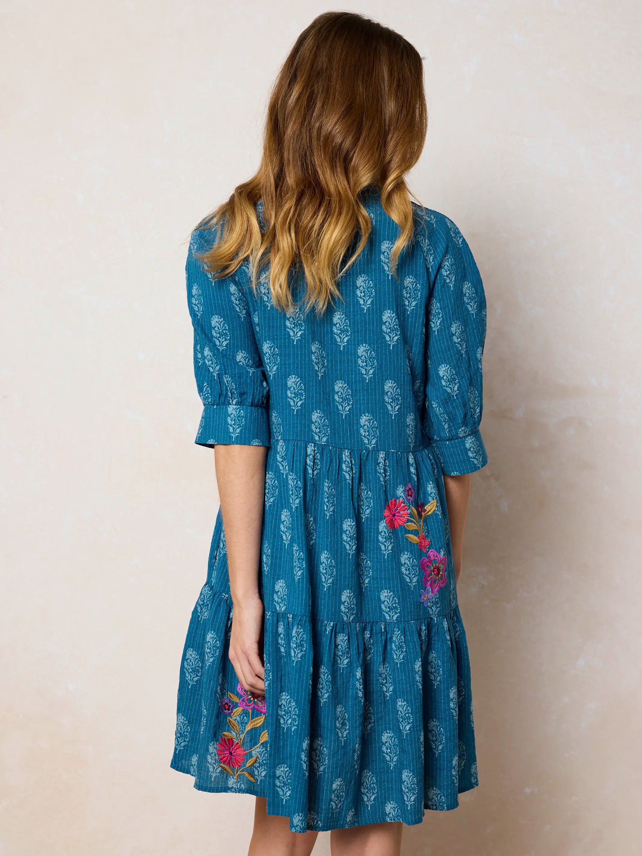 Becca Embroidered Mini Dress - Block Stamp Indigo