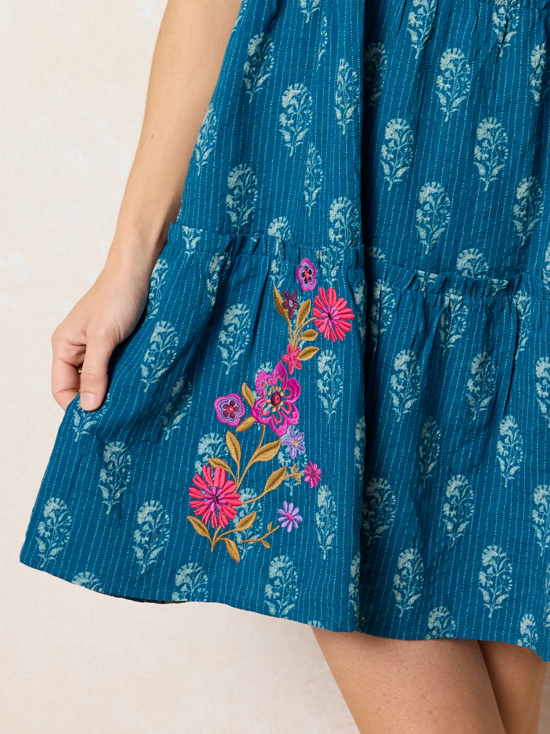 Embroidered Kate Mini Dress - Block Stamp Indigo