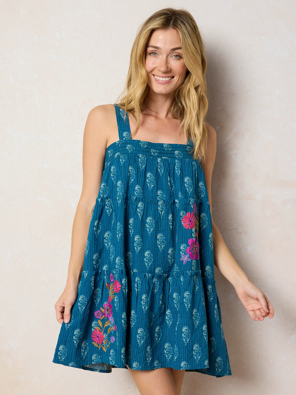 Embroidered Kate Mini Dress - Block Stamp Indigo