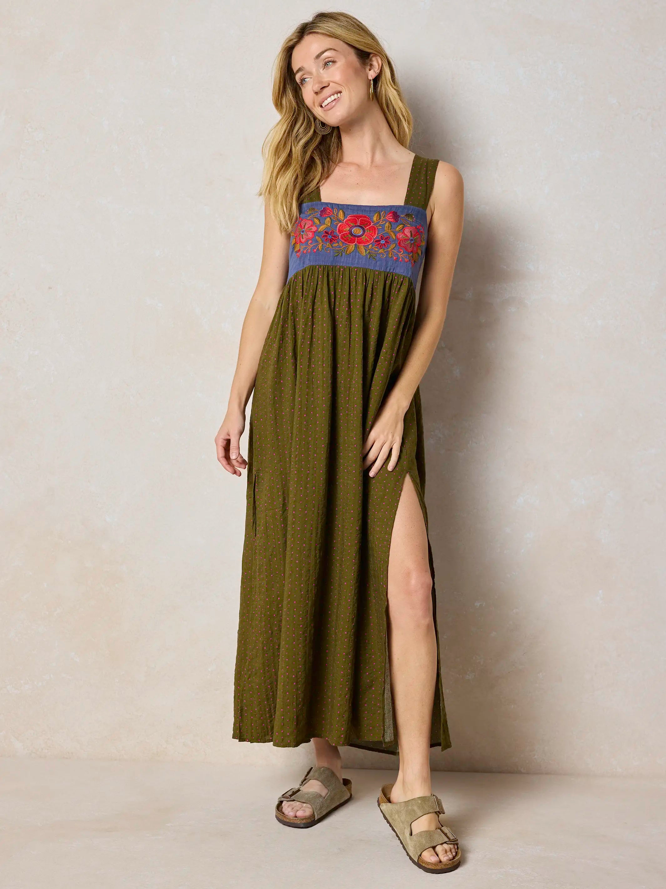Embroidered Tricia Maxi Dress - Olive Polka Dot