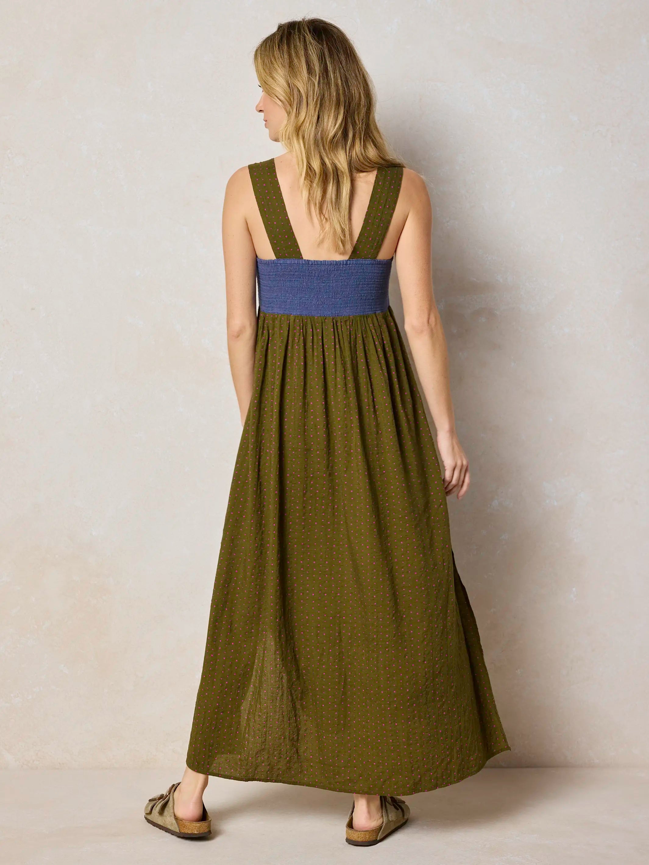 Embroidered Tricia Maxi Dress - Olive Polka Dot