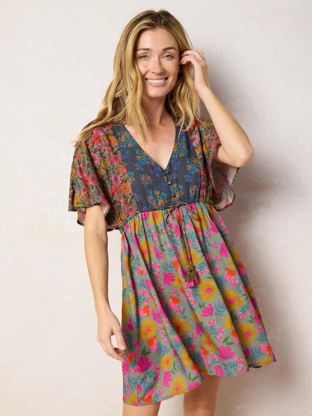 Laney Tie-Waist Mini Dress - Drawn Garden Multi