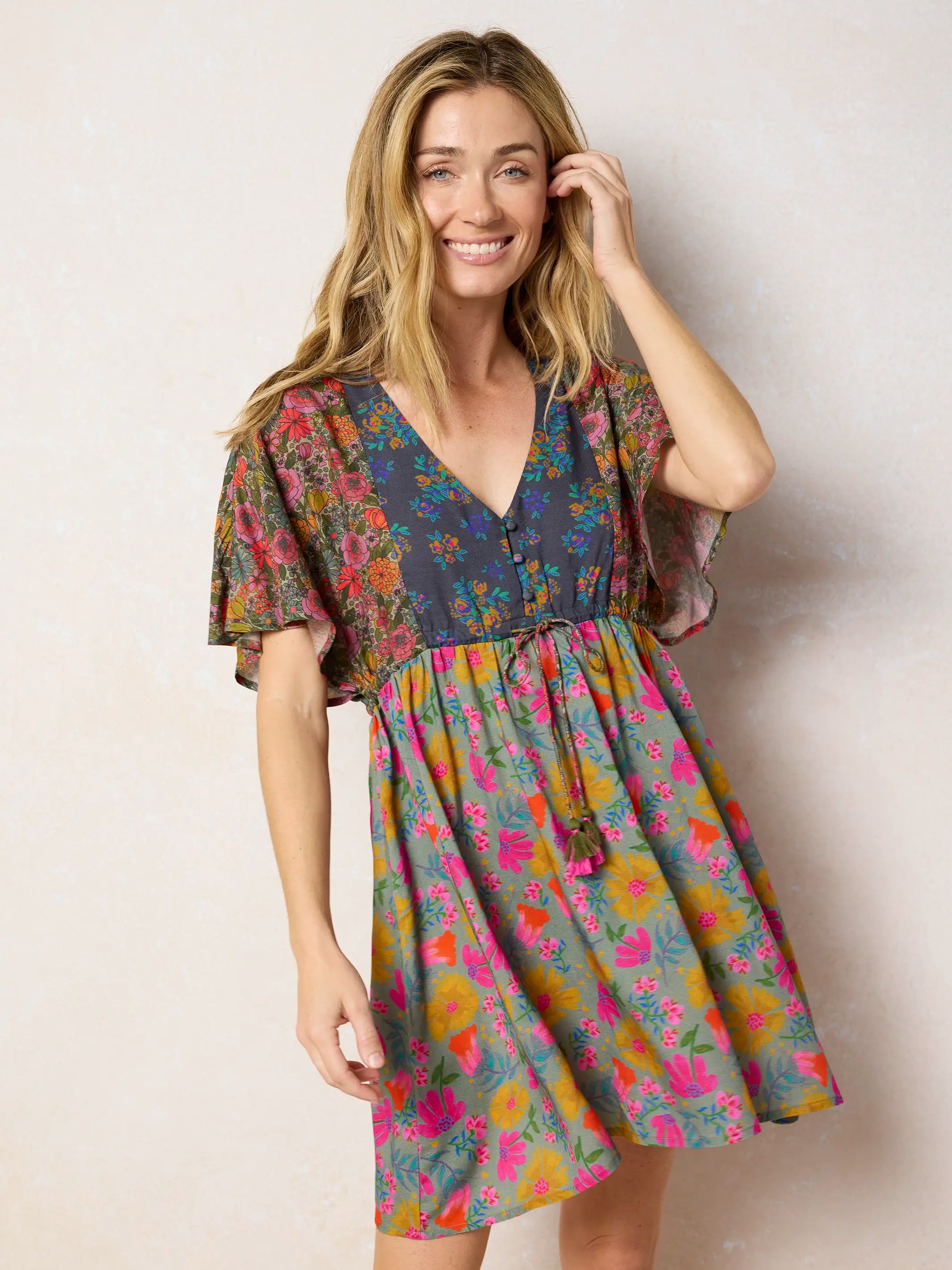 Laney Tie-Waist Mini Dress - Drawn Garden Multi