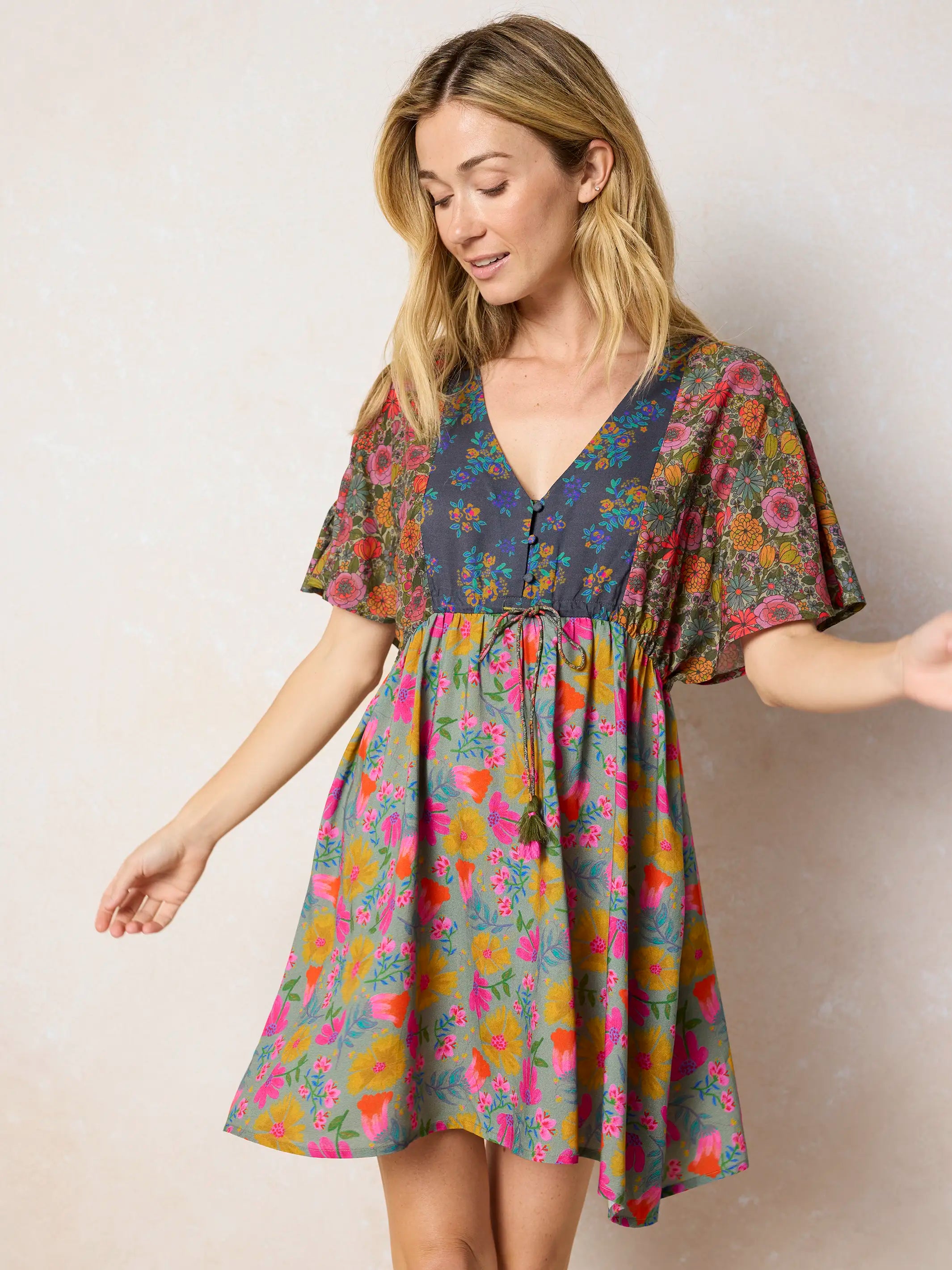 Laney Tie-Waist Mini Dress - Drawn Garden Multi