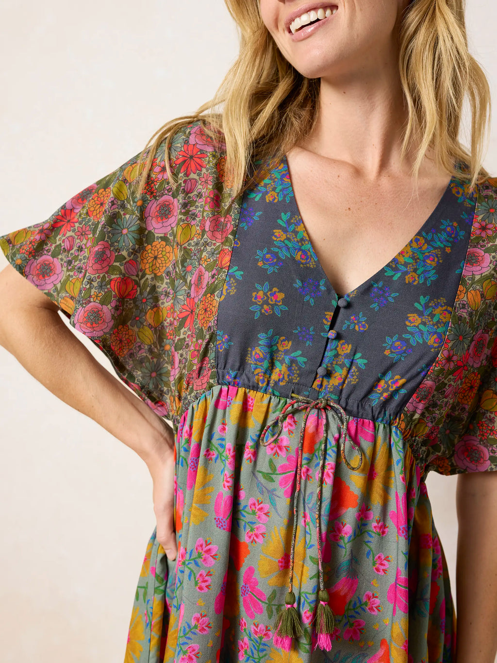 Laney Tie-Waist Mini Dress - Drawn Garden Multi