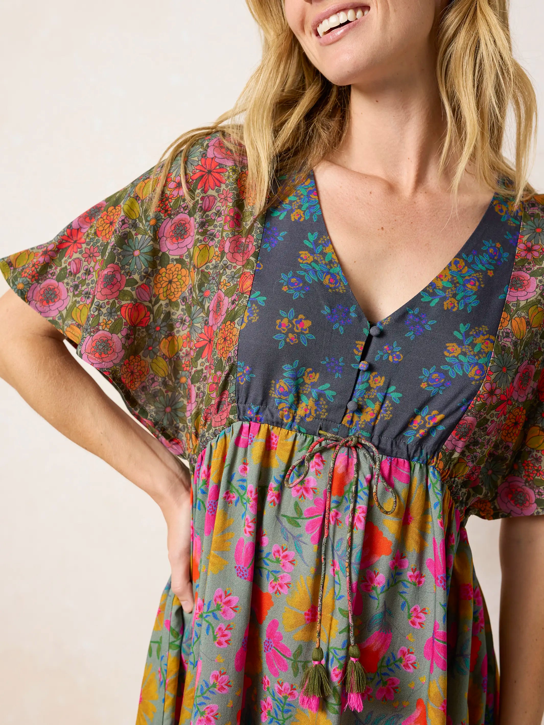 Laney Tie-Waist Mini Dress - Drawn Garden Multi