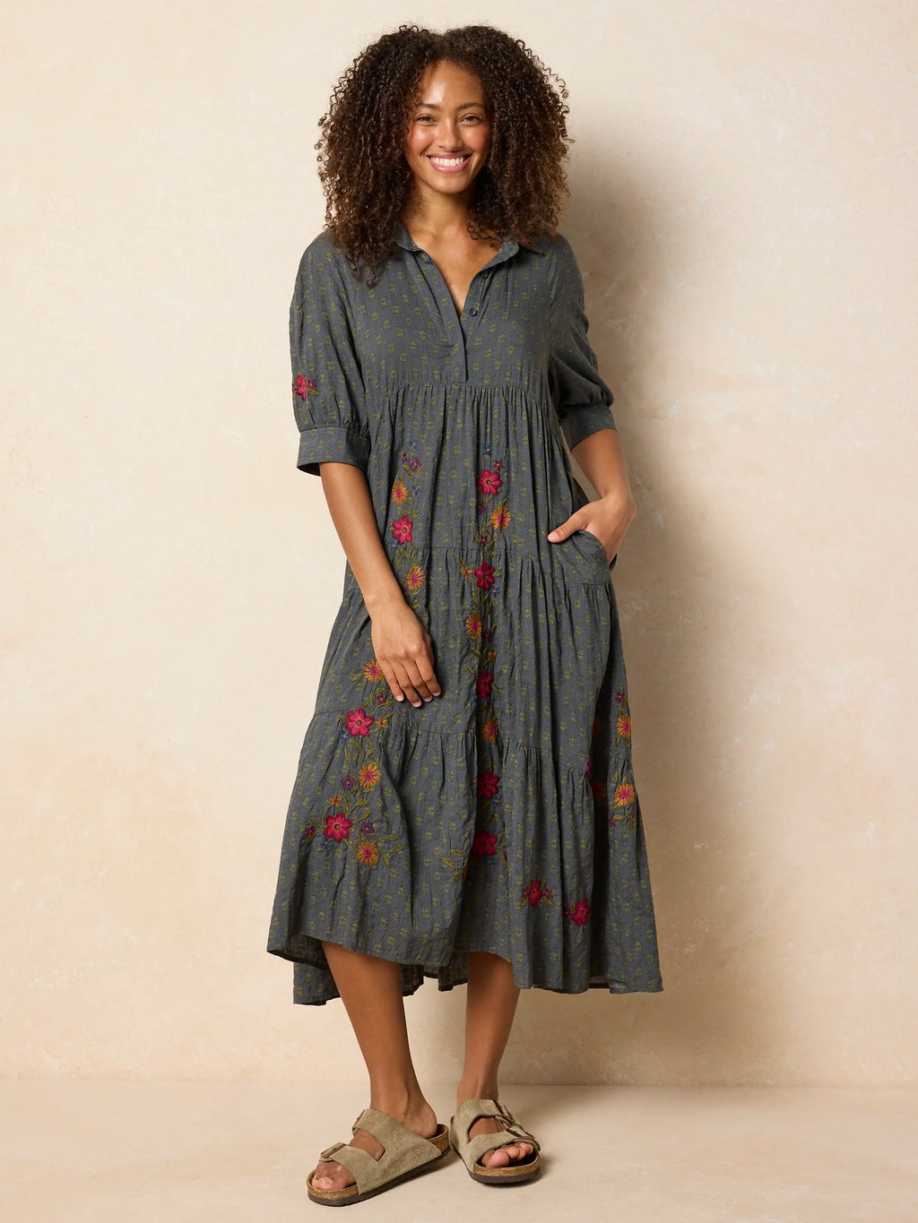 Rebecca Embroidered Midi Dress - Alma Stamp Charcoal