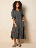 Rebecca Embroidered Midi Dress - Alma Stamp Charcoal