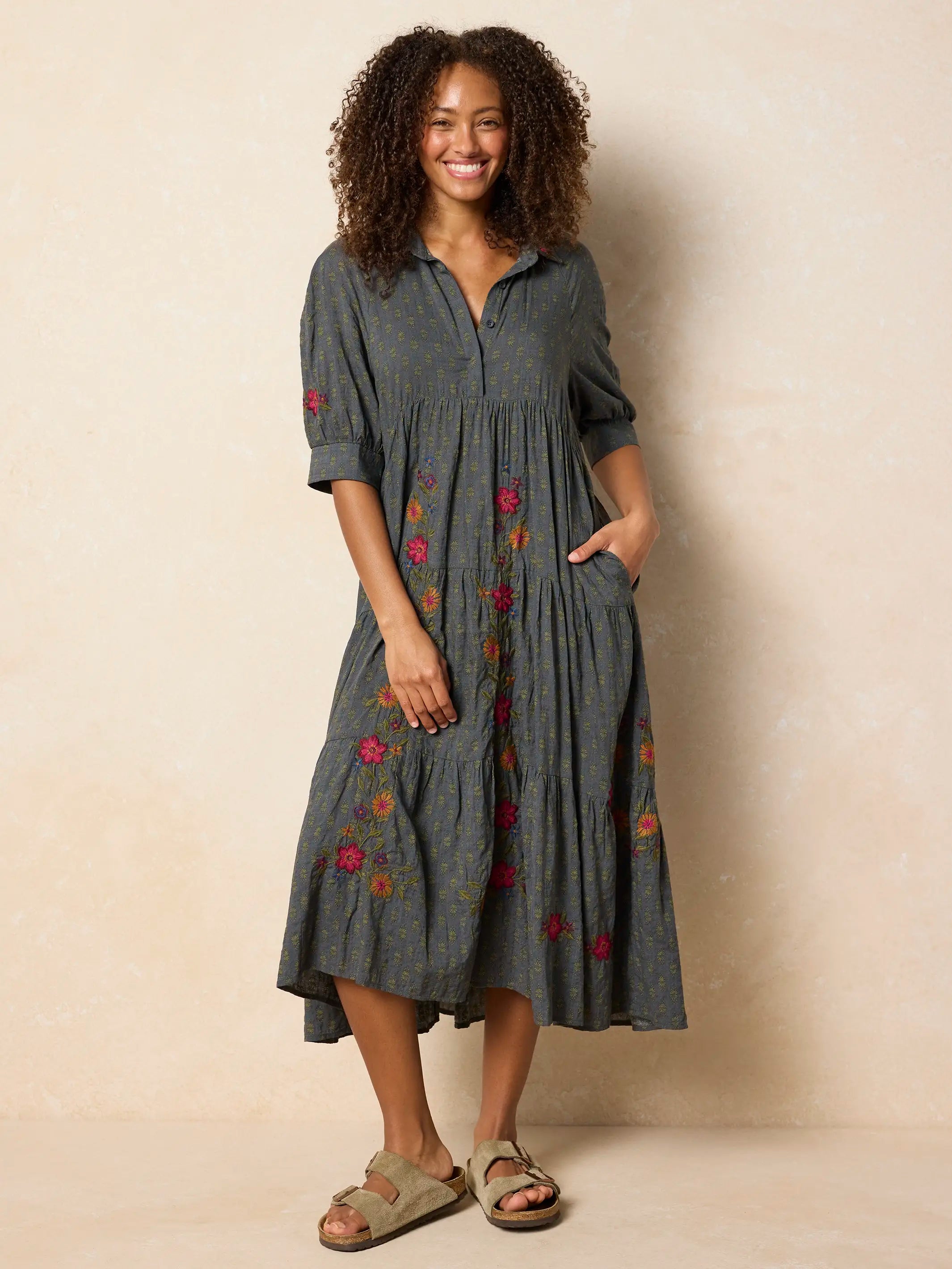 Rebecca Embroidered Midi Dress - Alma Stamp Charcoal