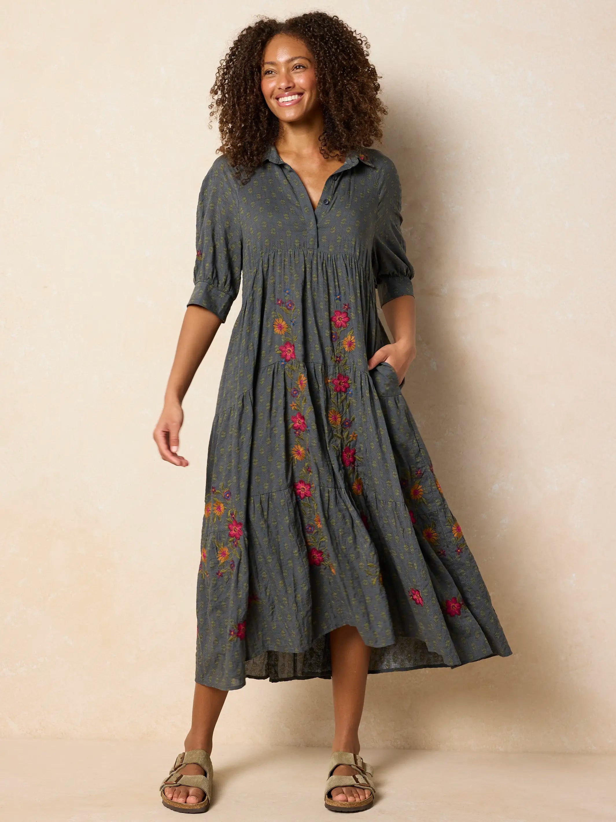 Rebecca Embroidered Midi Dress - Alma Stamp Charcoal