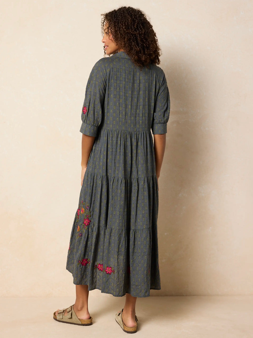Rebecca Embroidered Midi Dress - Alma Stamp Charcoal