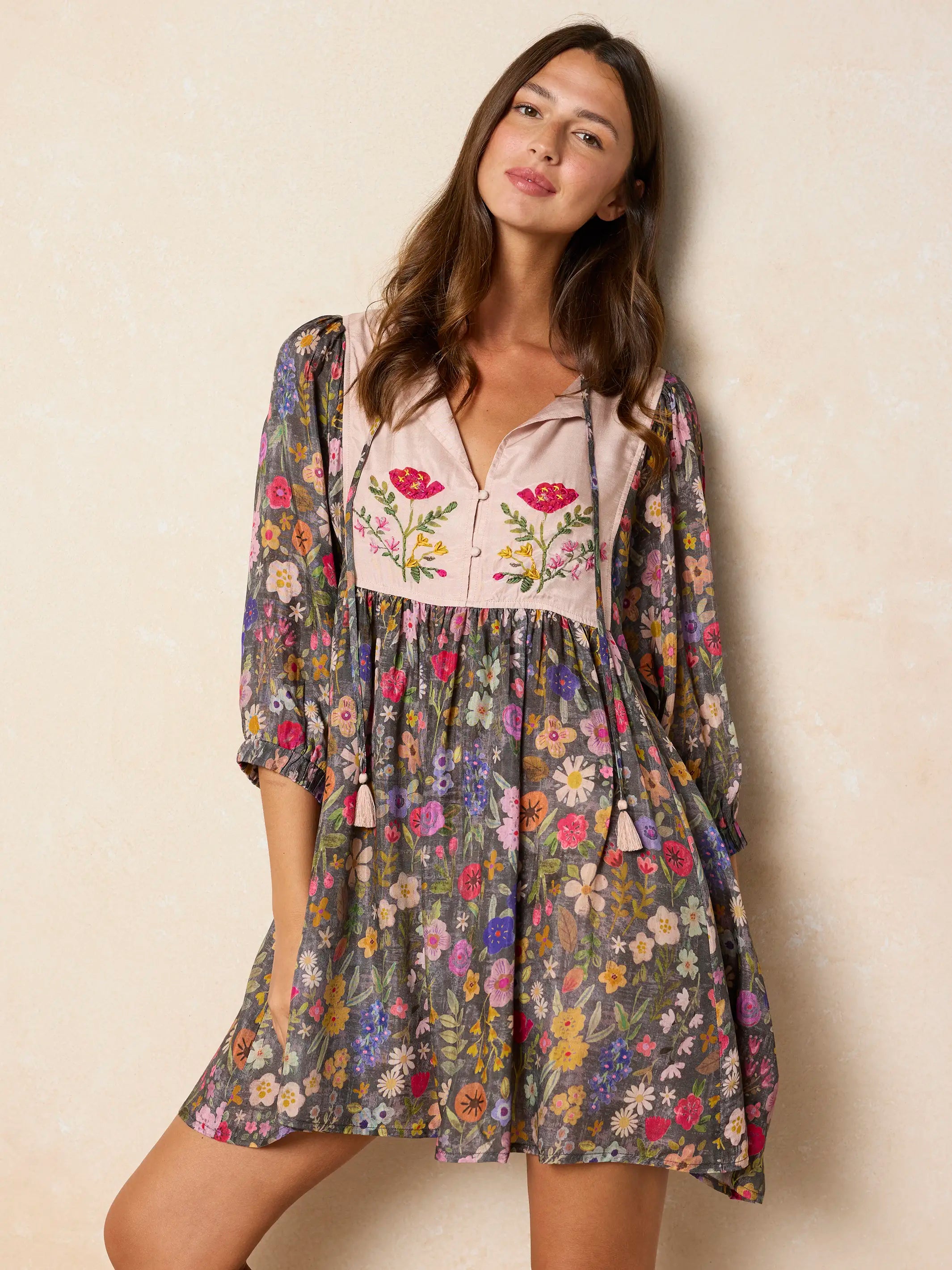 Rose Embroidered Mini Dress - Flung Floral Wildflowers