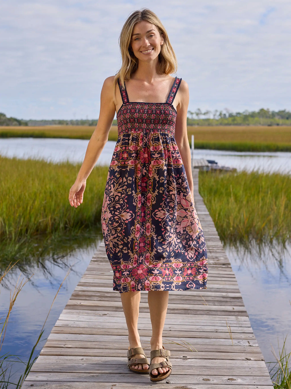 Spring In Your Step Midi Dress - Mandala Bandana Navy