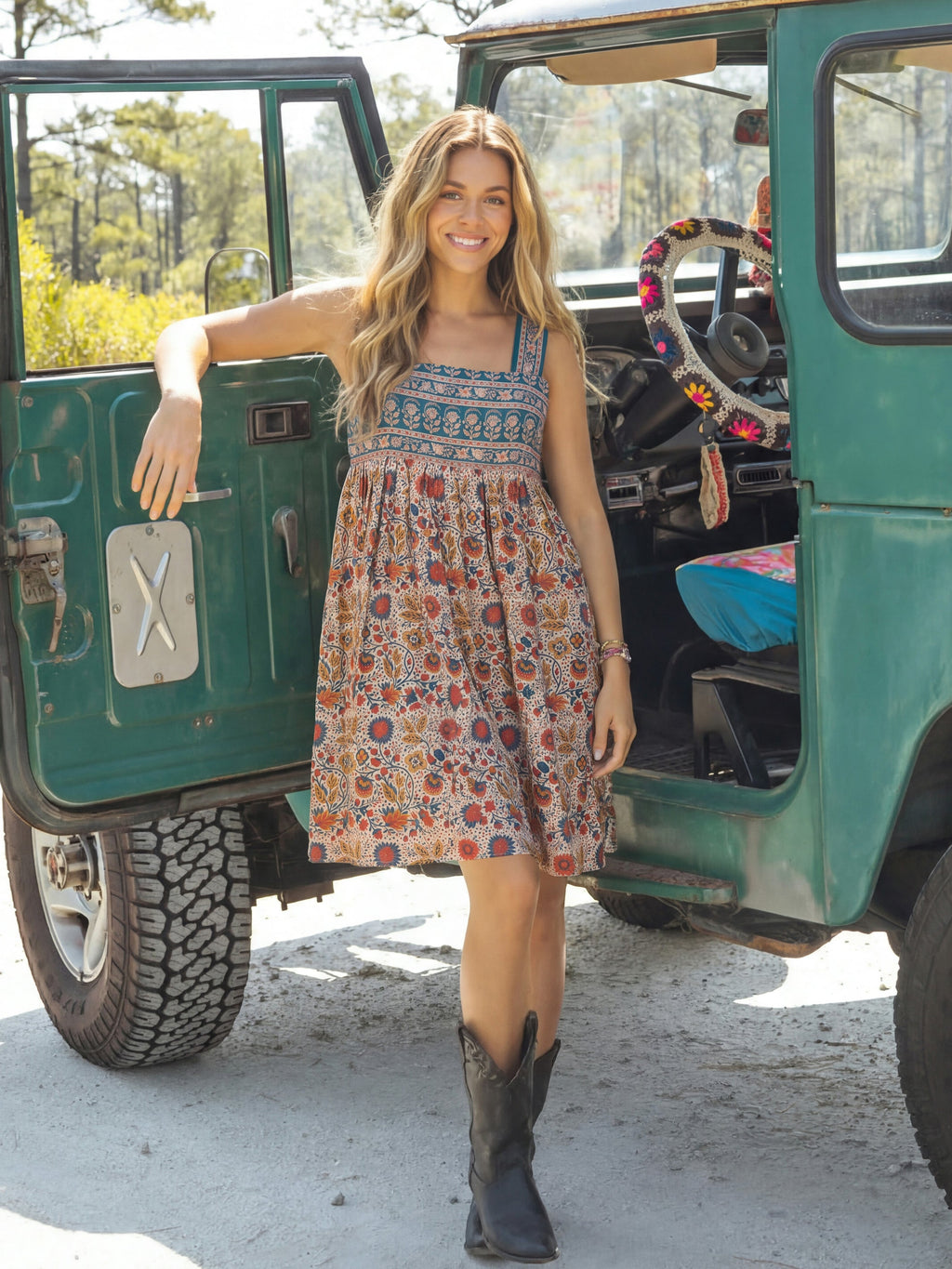 Tricia Reversible Cotton Mini Dress - Golden Feathered Fronds