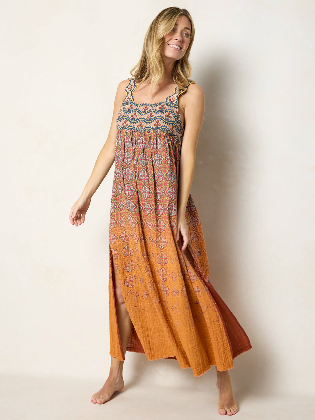 Tricia Reversible Cotton Gauze Maxi Dress - Groovy Stripe Rust