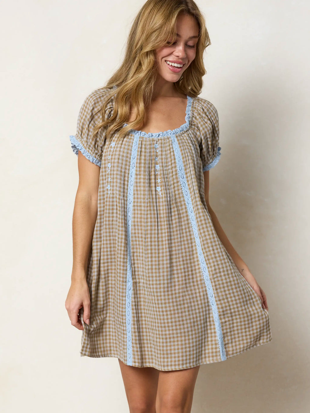 Sweet Nothings Embroidered Cotton Mini Dress - Tan Gingham Plaid
