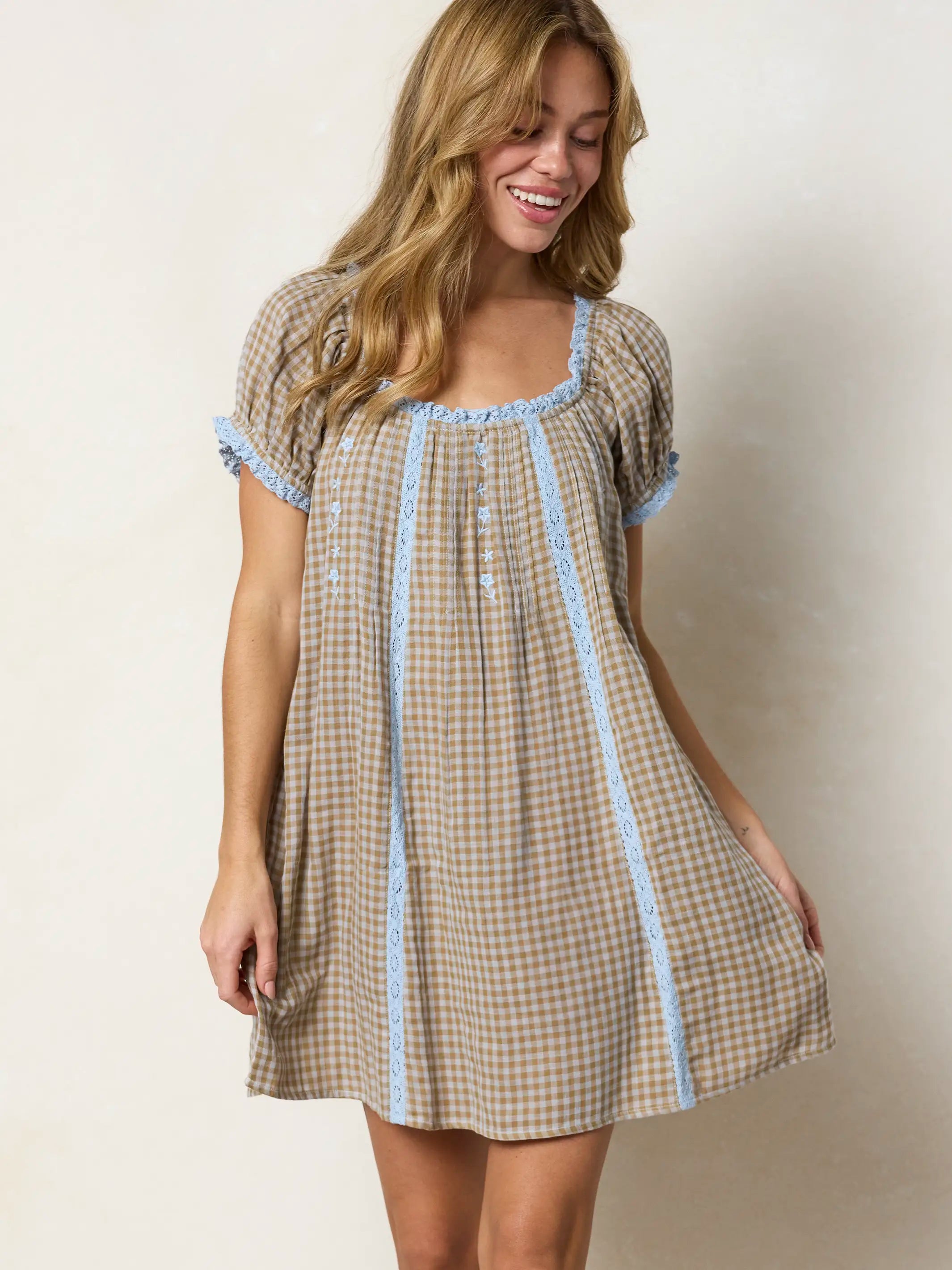 Sweet Nothings Embroidered Cotton Mini Dress - Tan Gingham Plaid