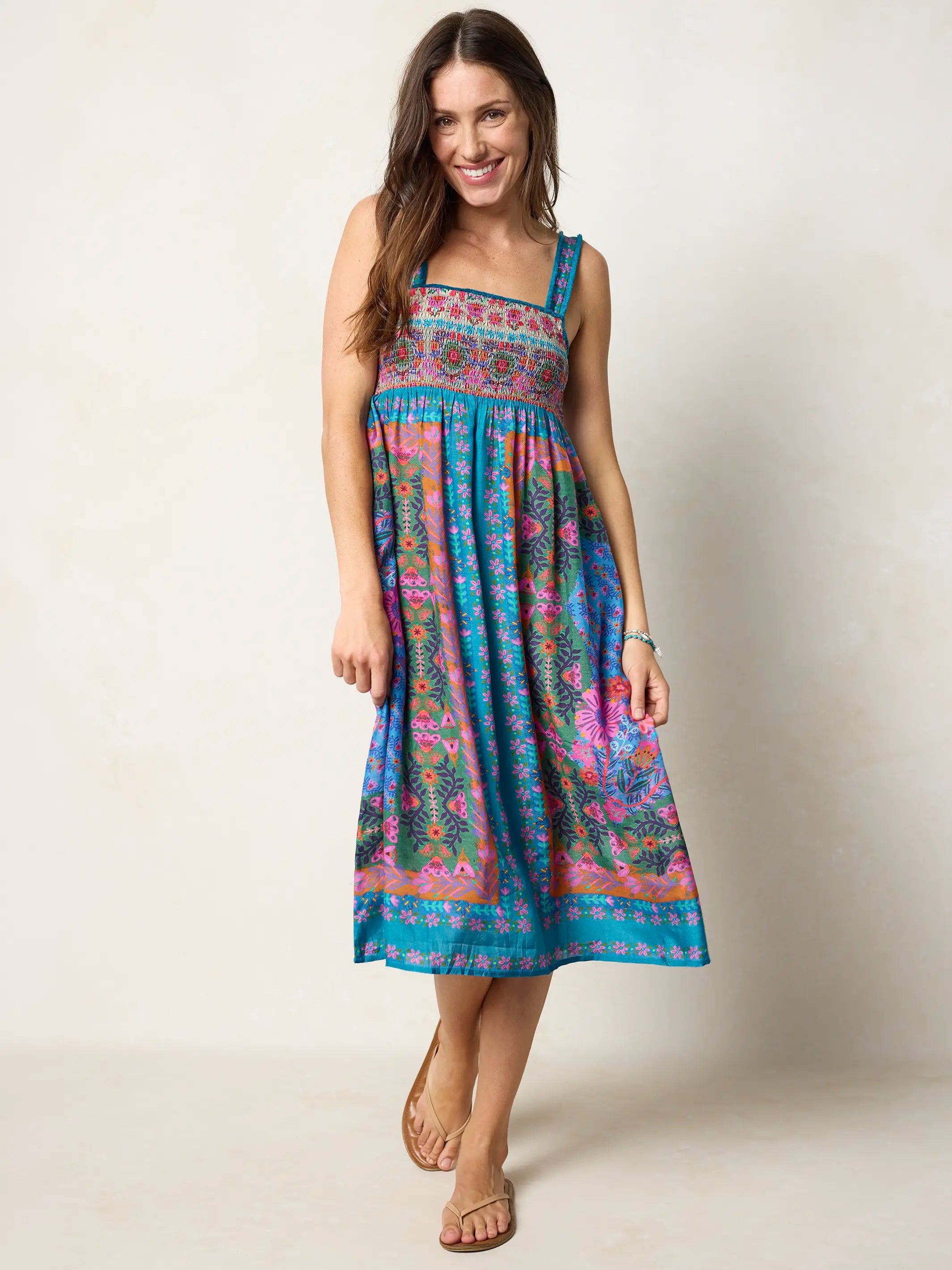 Spring In Your Step Midi Dress - Blue Folk Flower