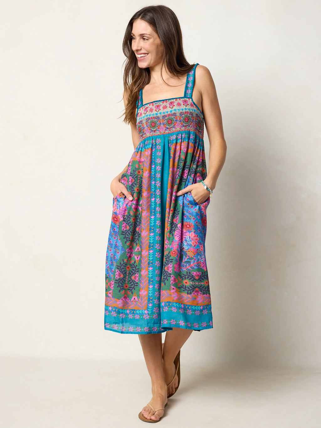 Spring In Your Step Midi Dress - Blue Folk Flower