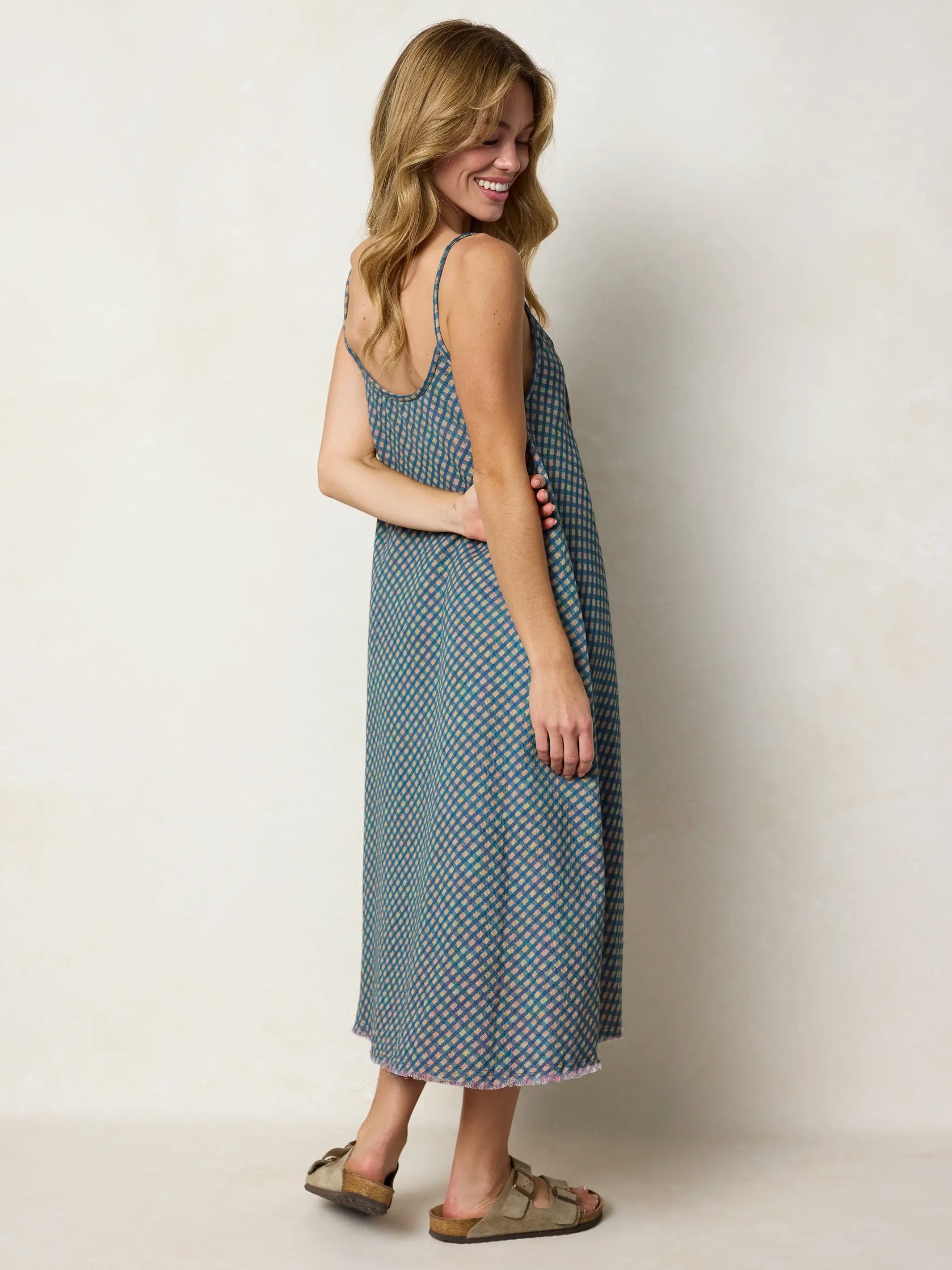 Reversible Cotton Gauze Midi Dress - Blue Gingham