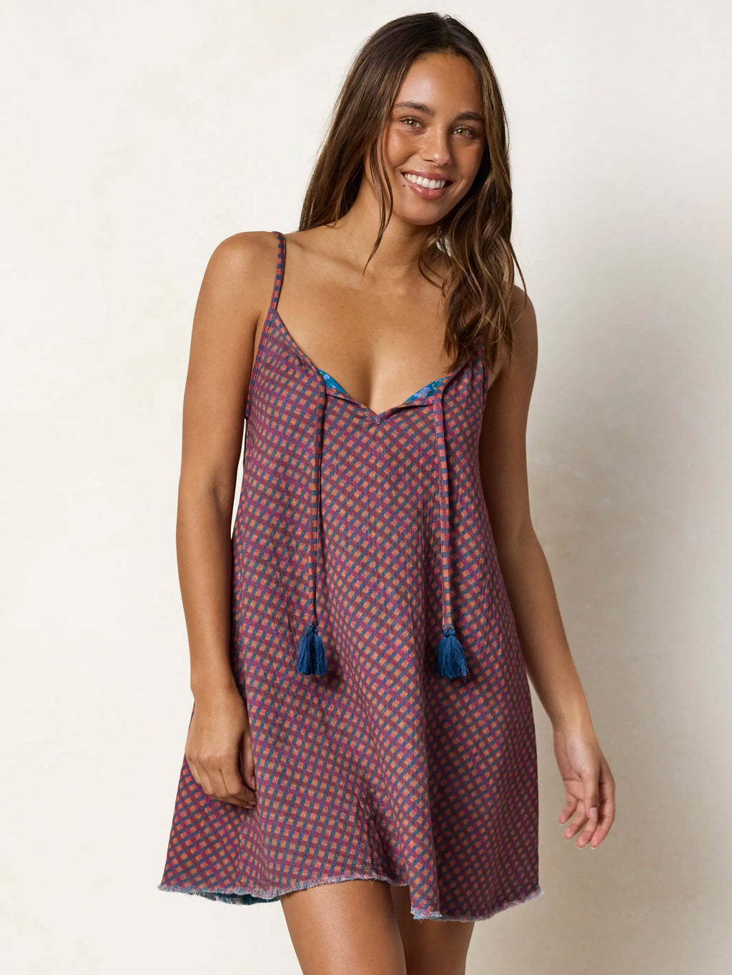 Reversible Cotton Gauze Mini Dress - Magenta Navy Gingham