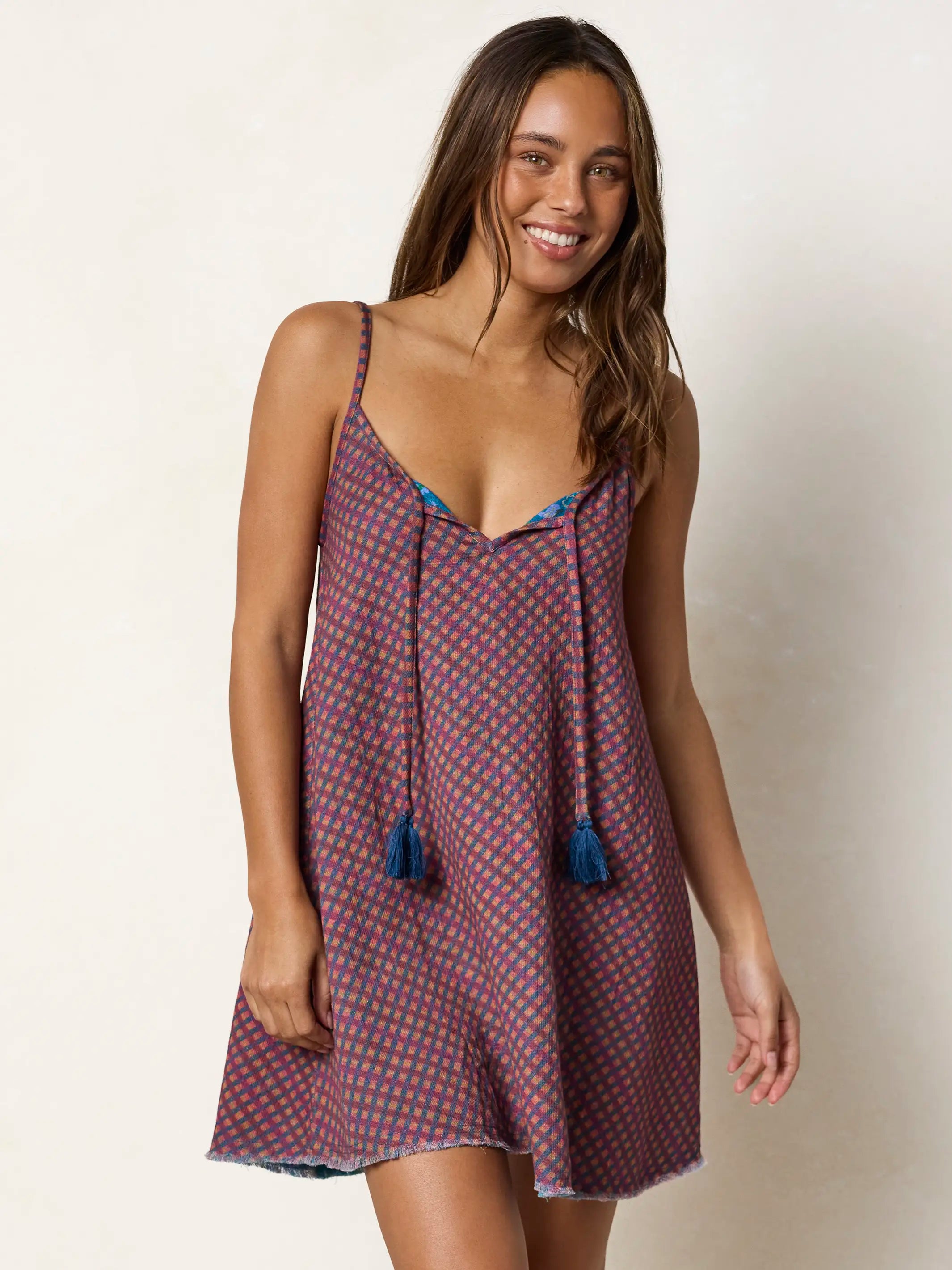 Reversible Cotton Gauze Mini Dress - Magenta Navy Gingham