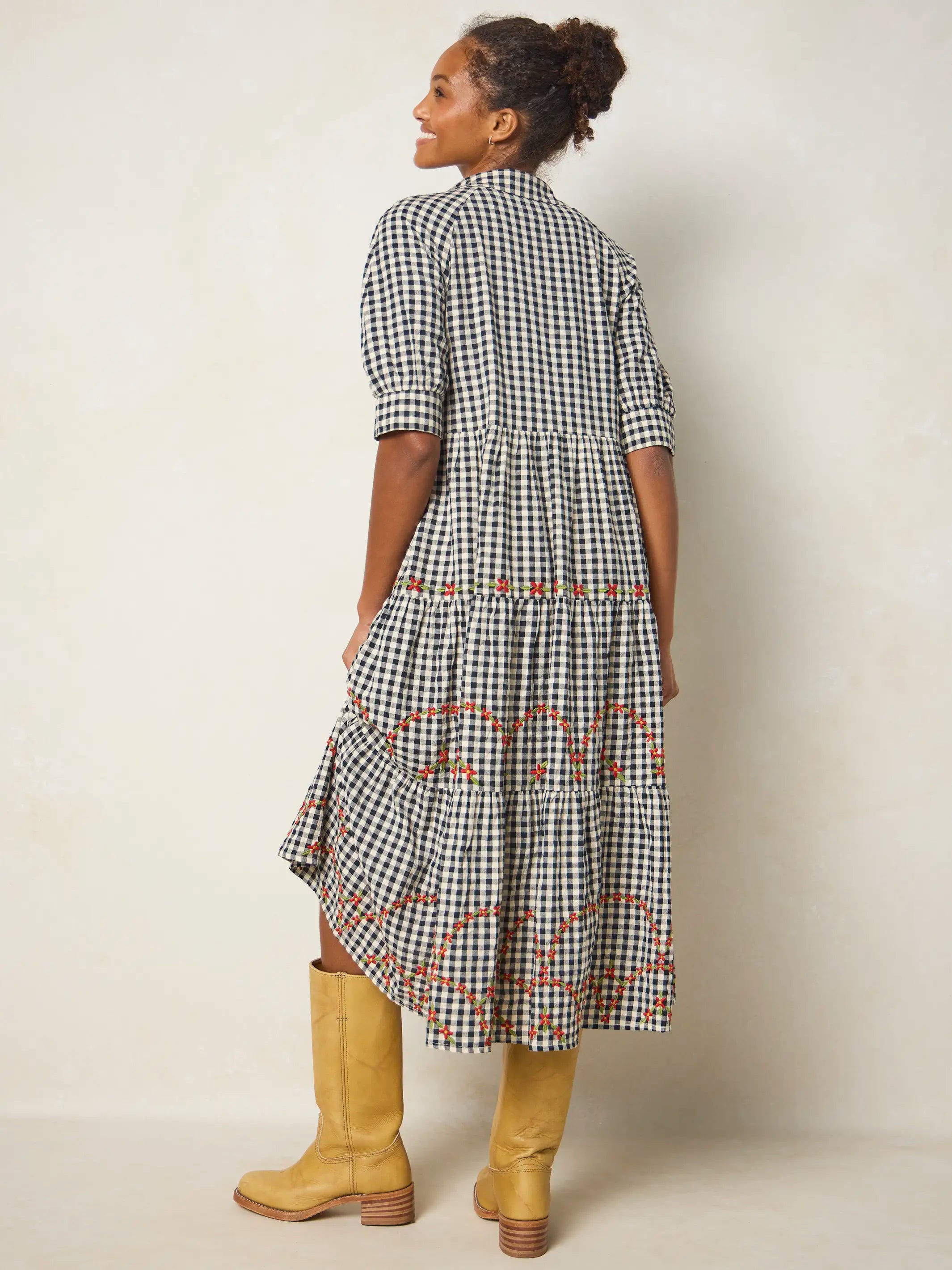 Rebecca Embroidered Cotton Midi Dress - Black Gingham