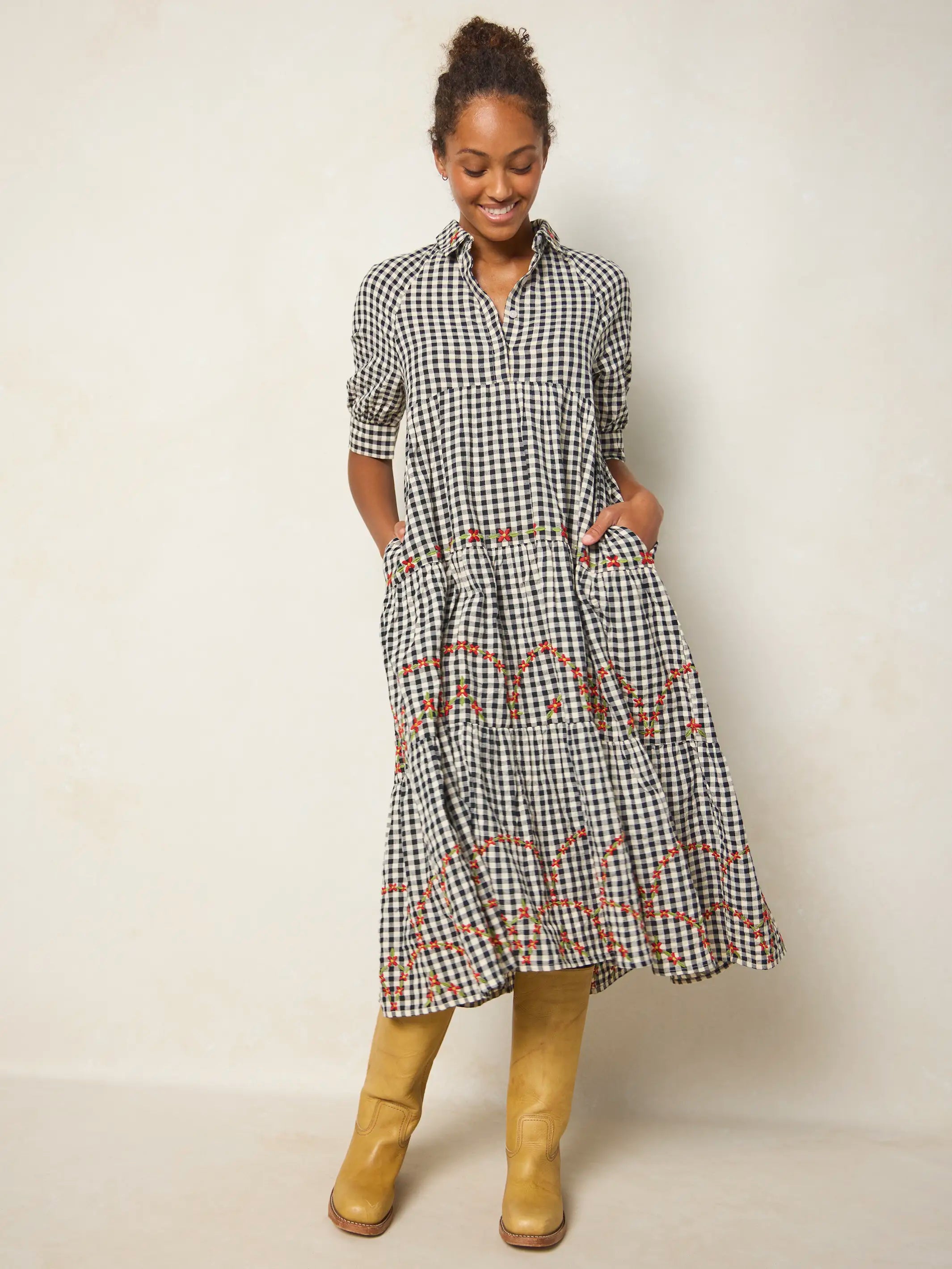 Rebecca Embroidered Cotton Midi Dress - Black Gingham