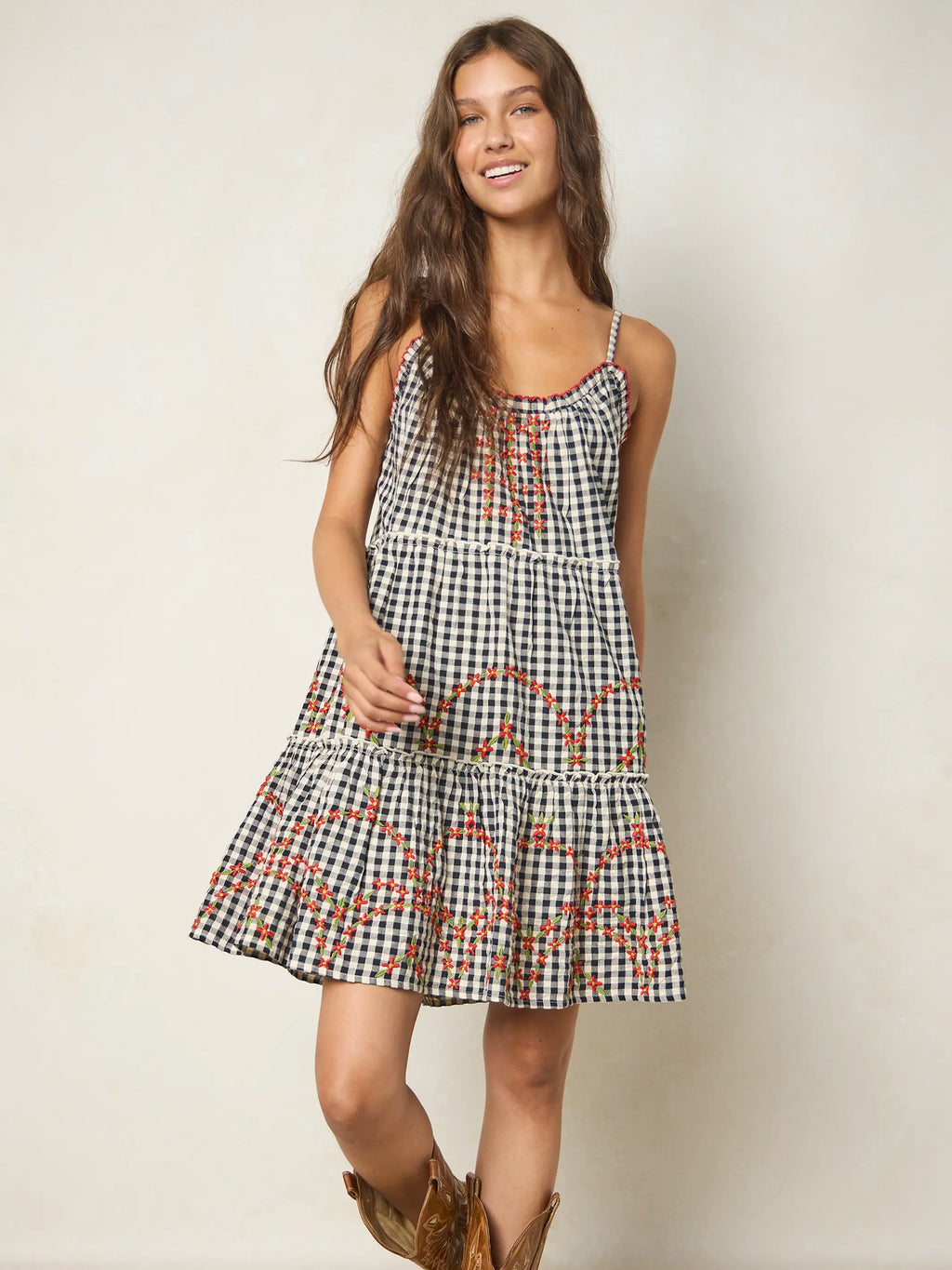 Harley Embroidered Cotton Mini Dress - Black Gingham