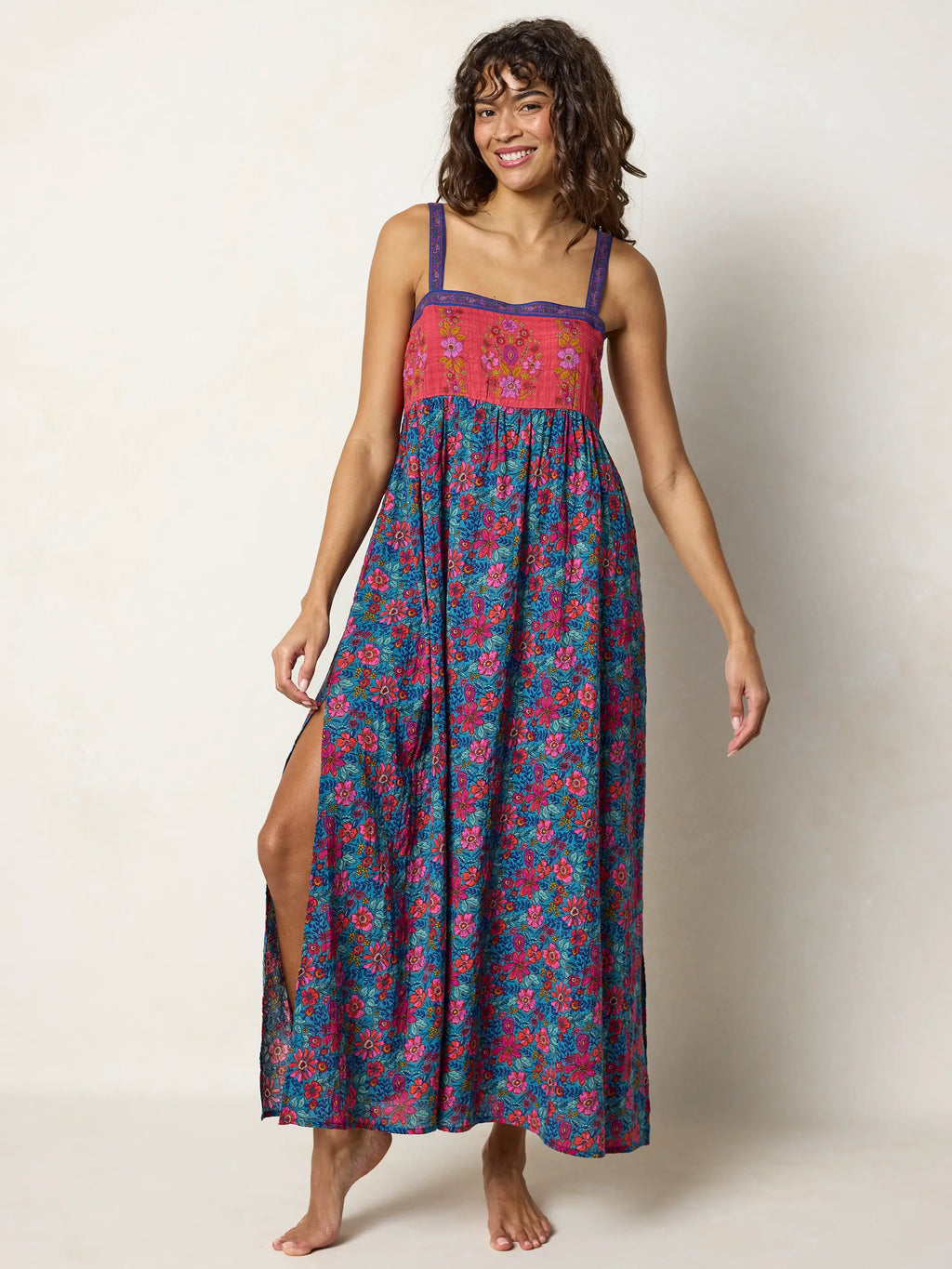 Patti Side Slit Maxi Dress - Teal Boho Border Scarf