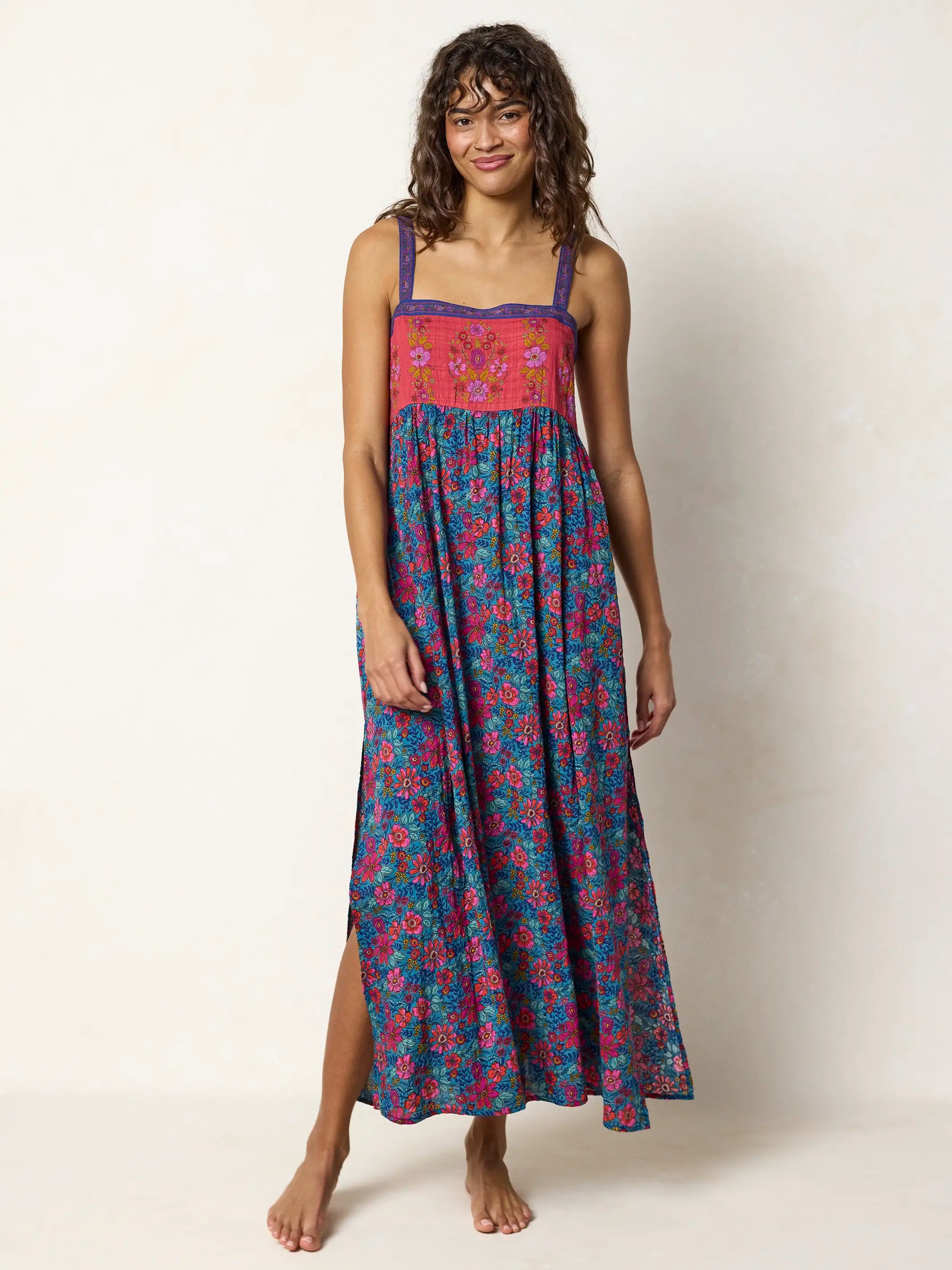 Patti Side Slit Maxi Dress - Teal Boho Border Scarf