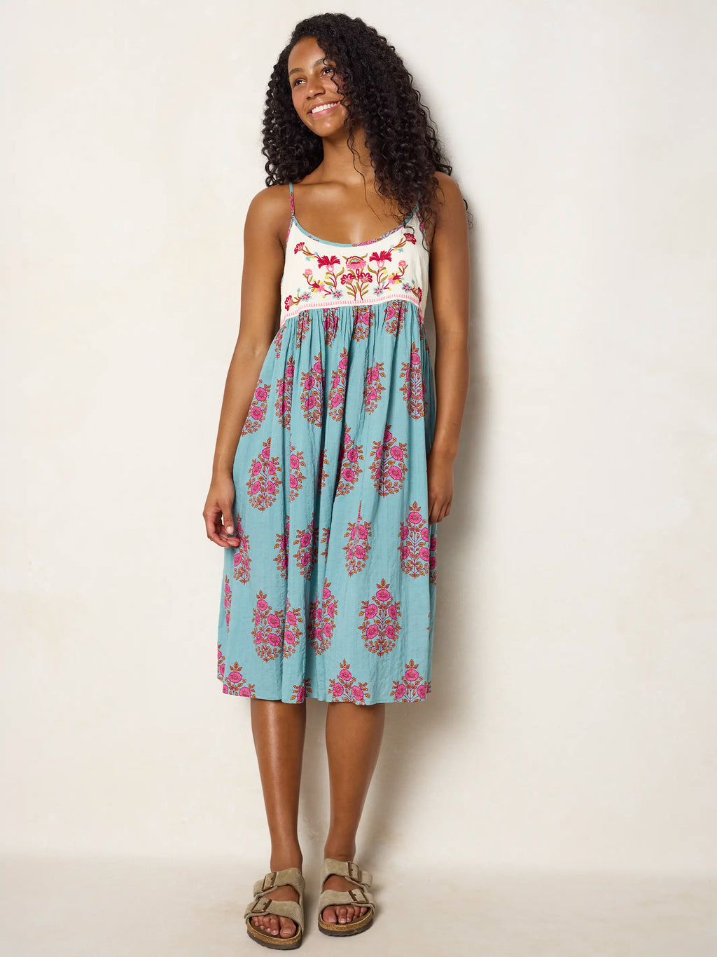 Gigi Embroidered Midi Dress - Wildflower Medallion Teal