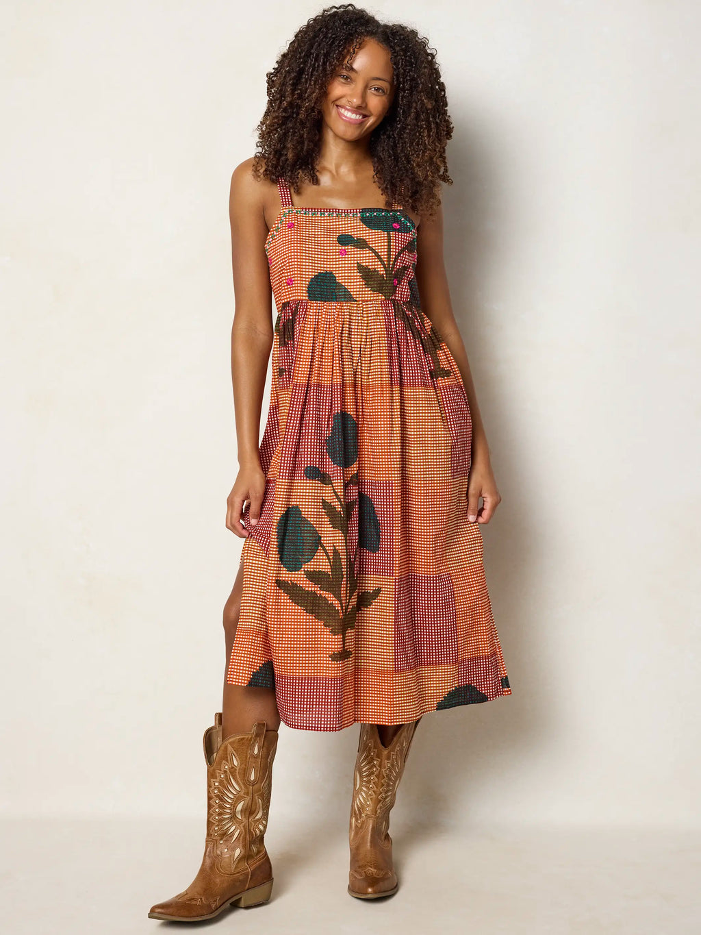 Natalie Embroidered Cotton Midi Dress - Orange Red Gingham