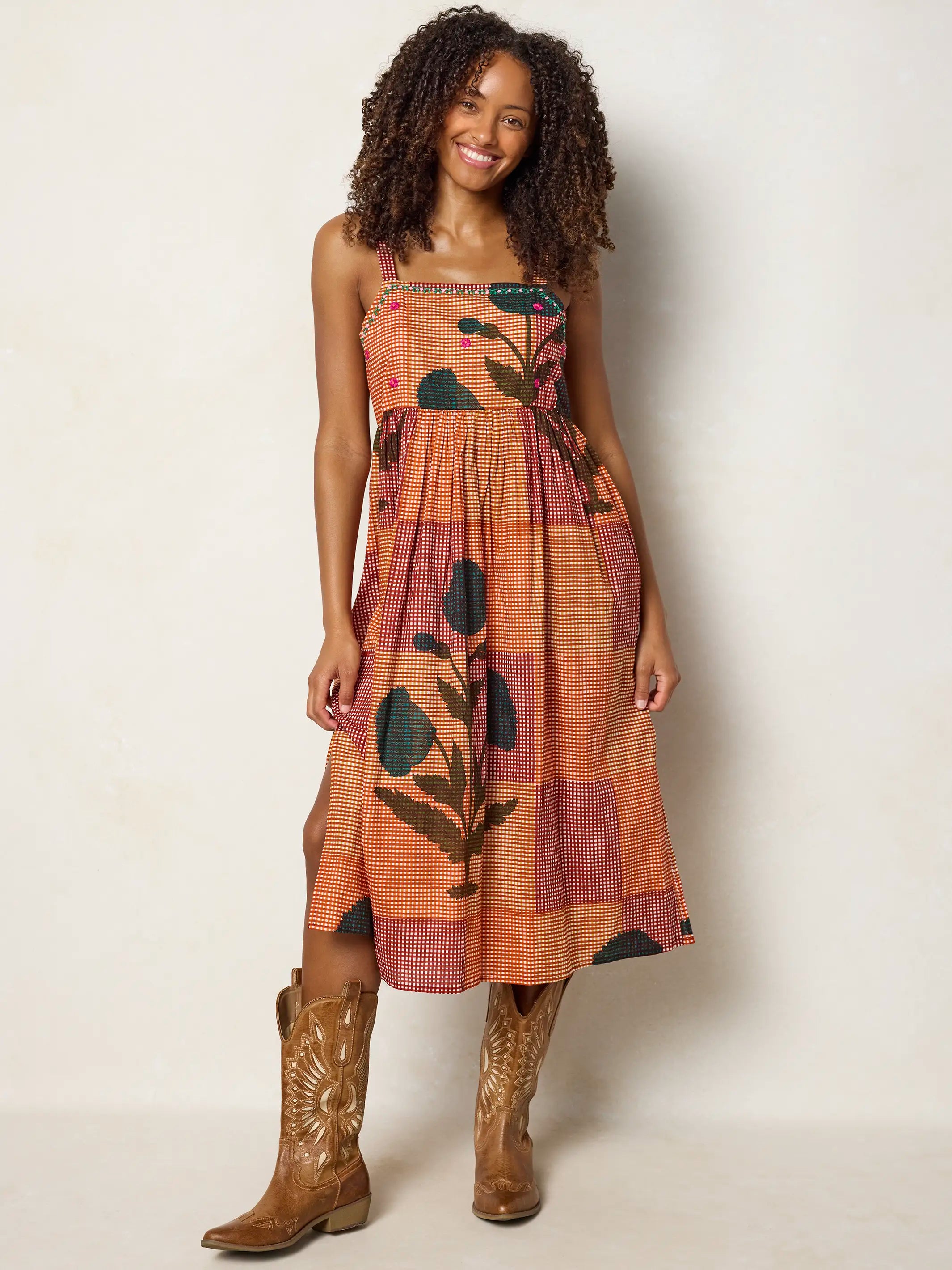 Natalie Embroidered Cotton Midi Dress - Orange Red Gingham