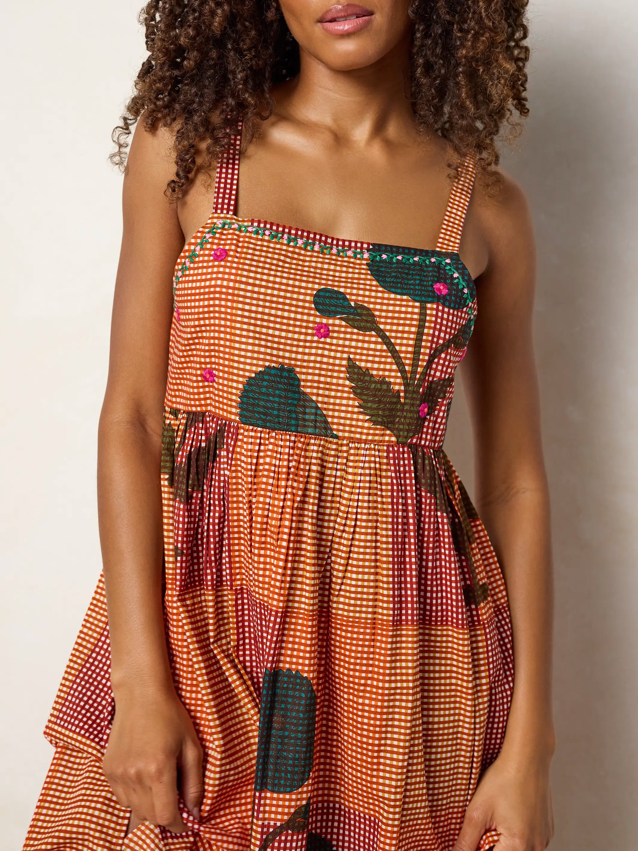 Natalie Embroidered Cotton Midi Dress - Orange Red Gingham