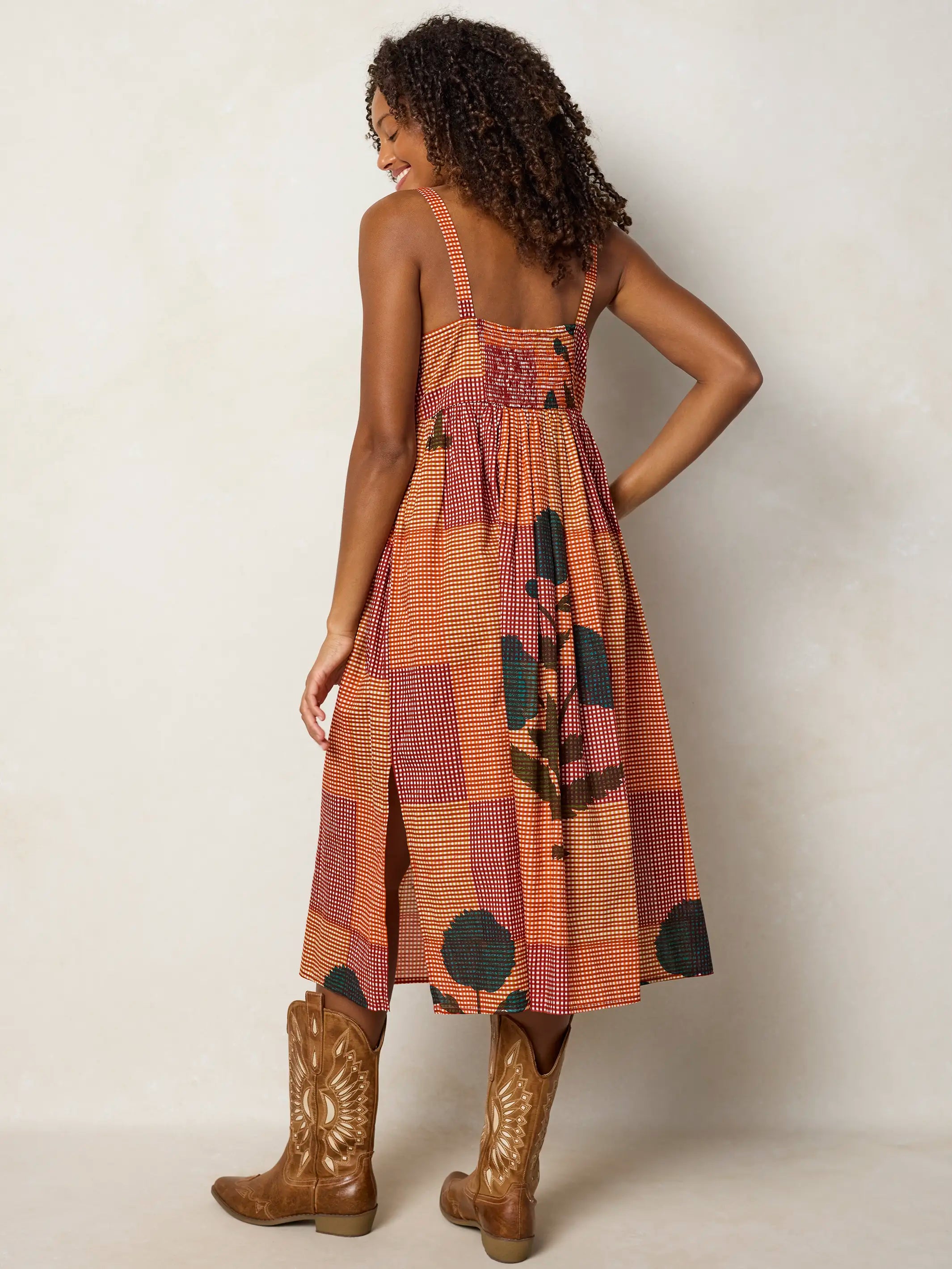 Natalie Embroidered Cotton Midi Dress - Orange Red Gingham