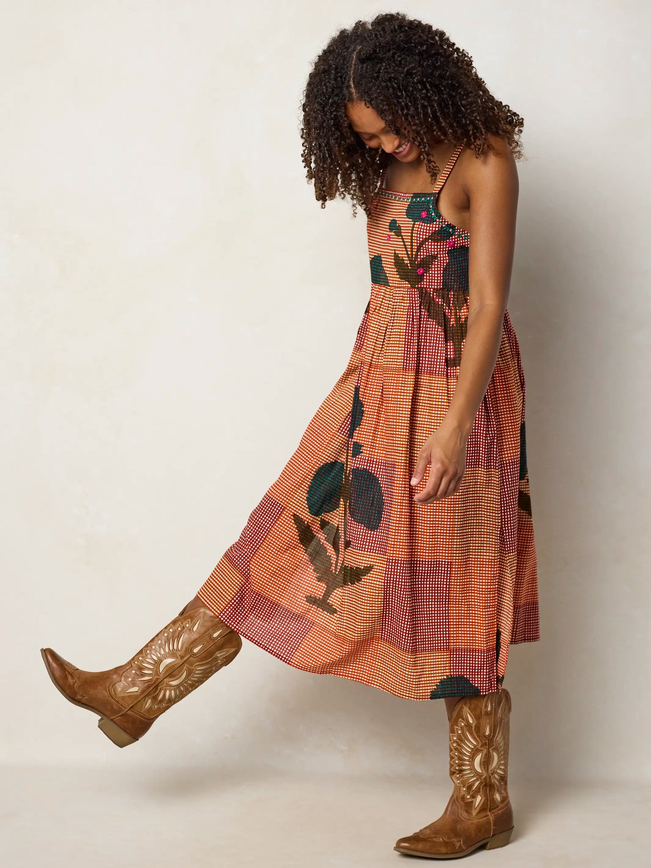 Natalie Embroidered Cotton Midi Dress - Orange Red Gingham