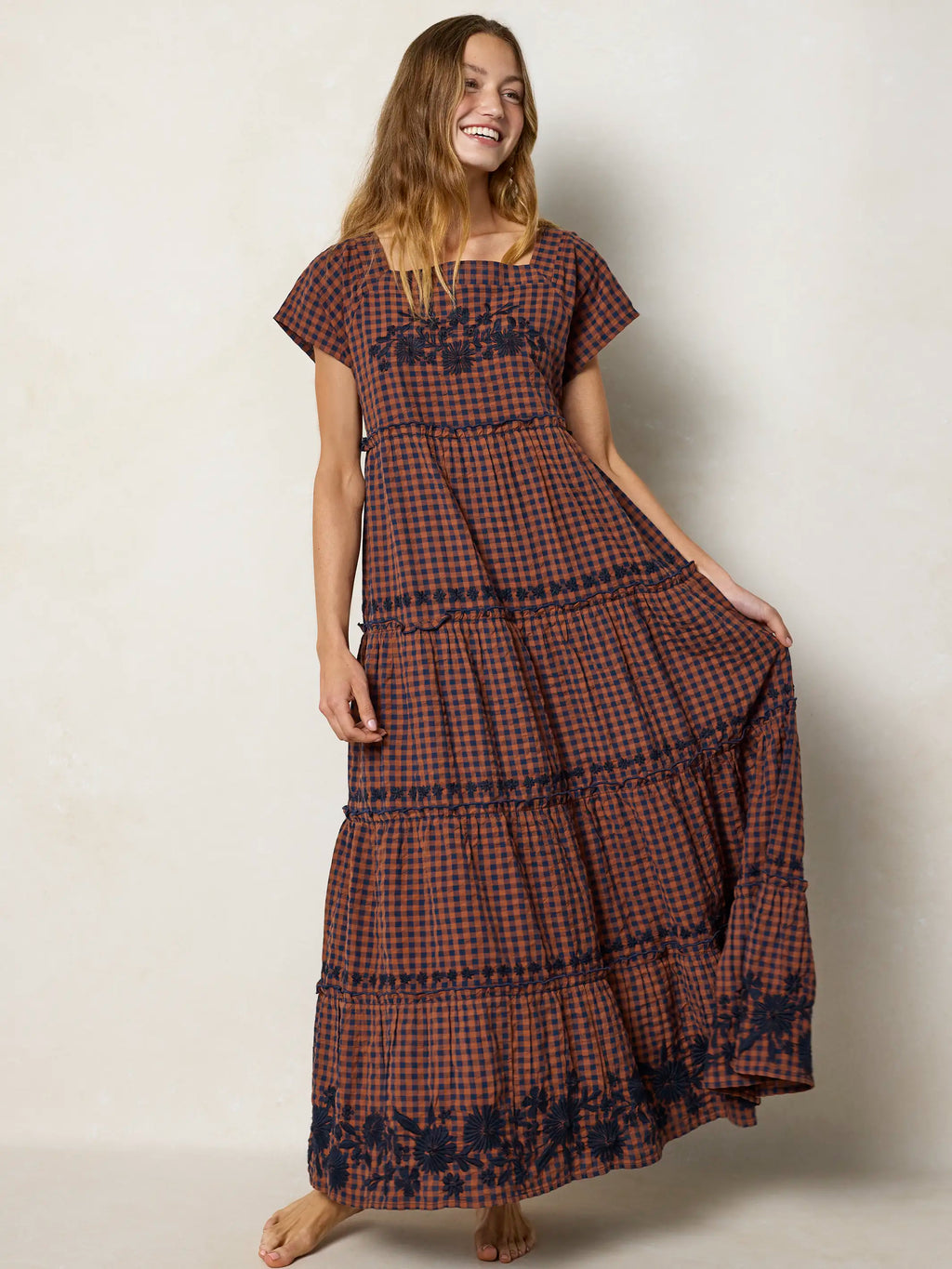 Berkley Embroidered Cotton Maxi Dress - Rust Gingham