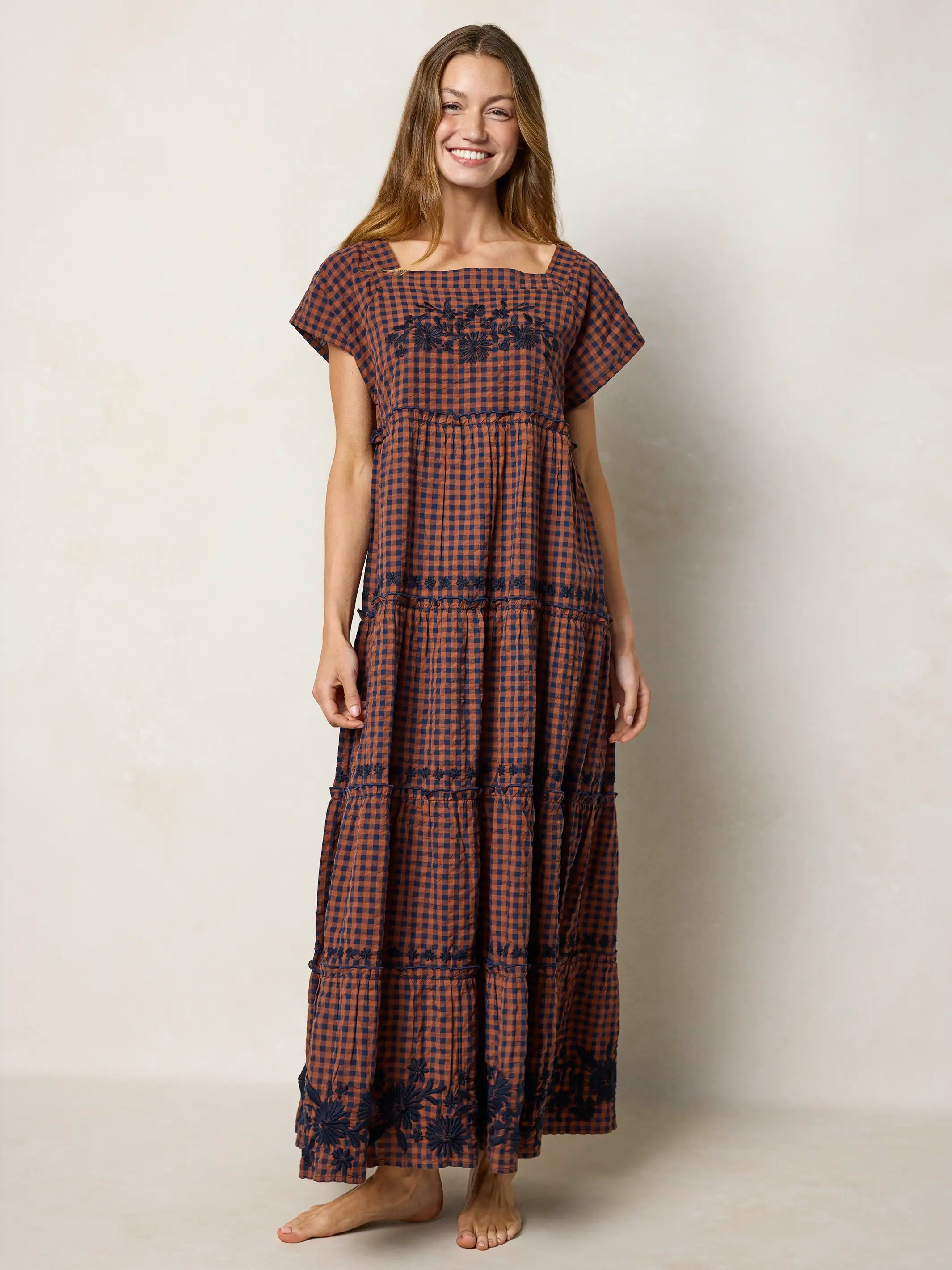 Berkley Embroidered Cotton Maxi Dress - Rust Gingham