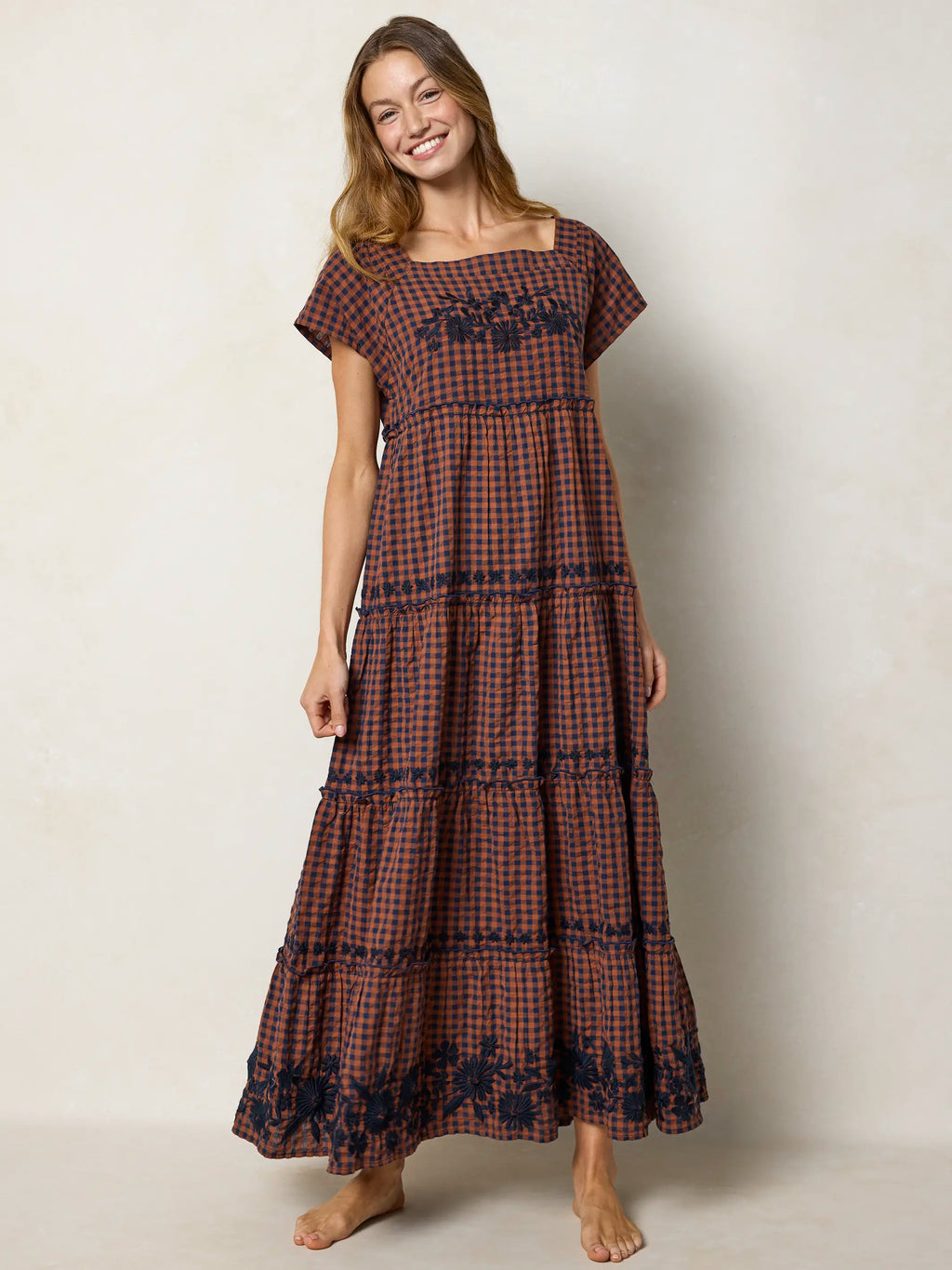 Berkley Embroidered Cotton Maxi Dress - Rust Gingham